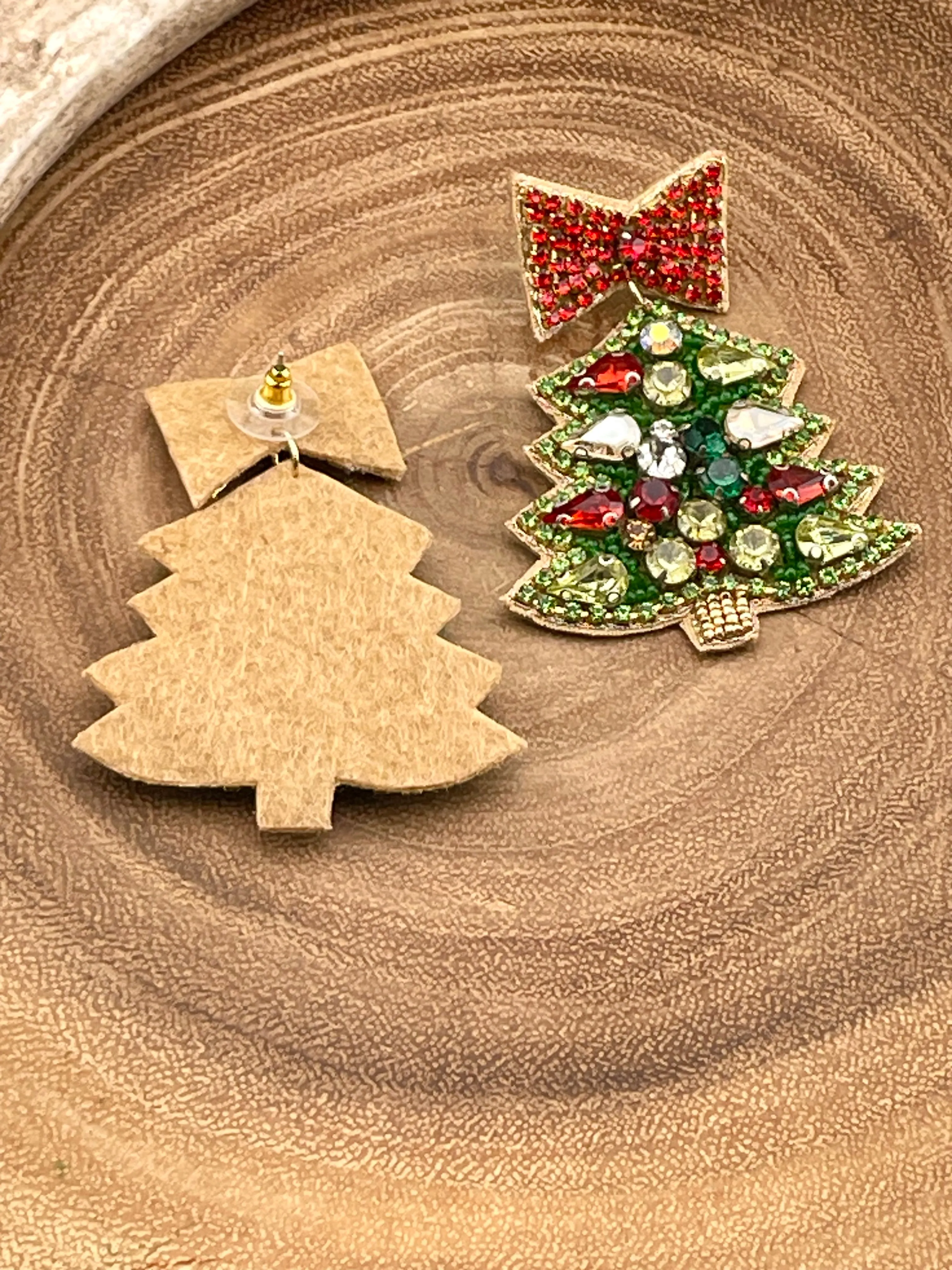 Red Bow Jewel Christmas Tree Earrings