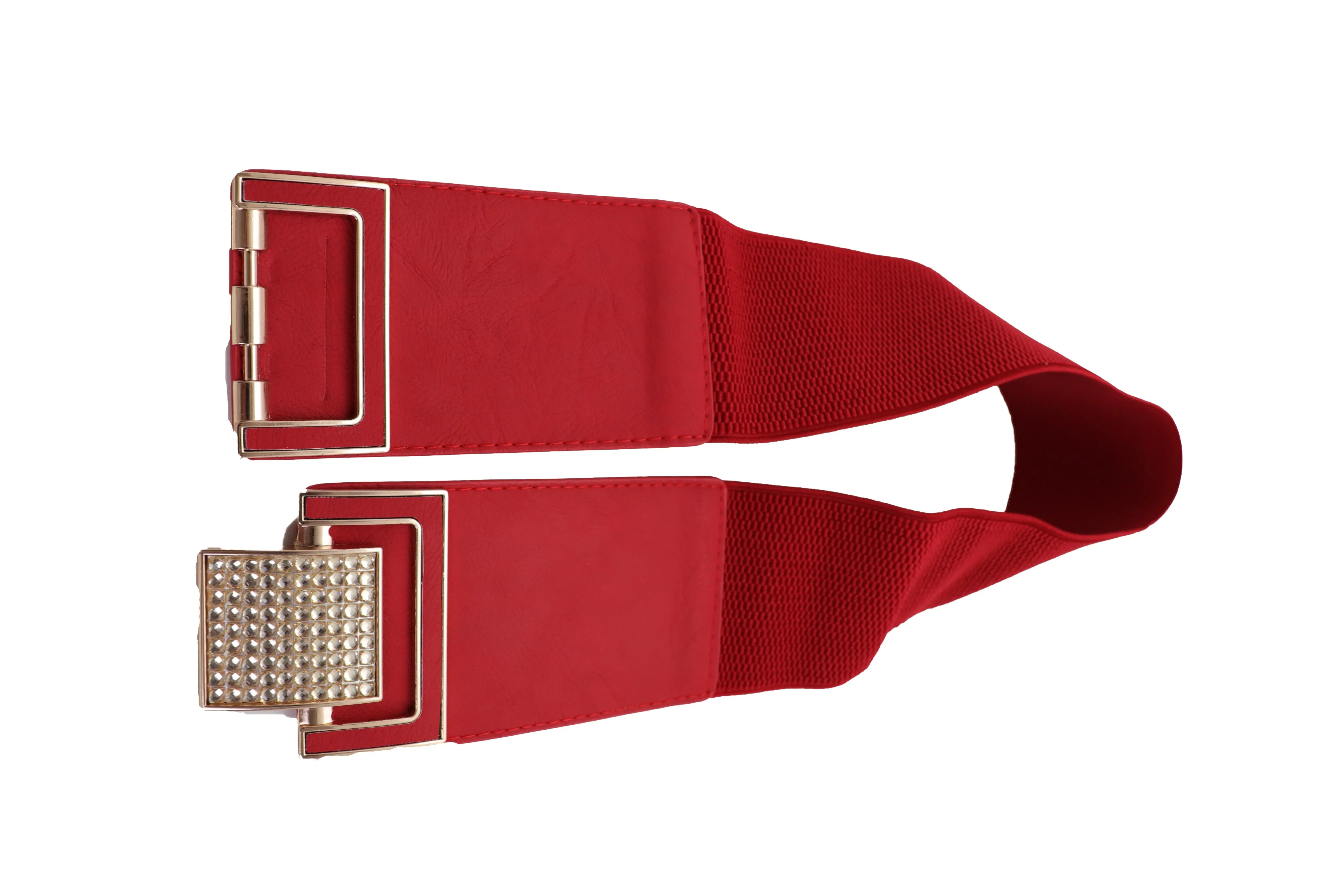Red Elastic Waistband Fashion Belt Gold Square Buckle Fit Size S M