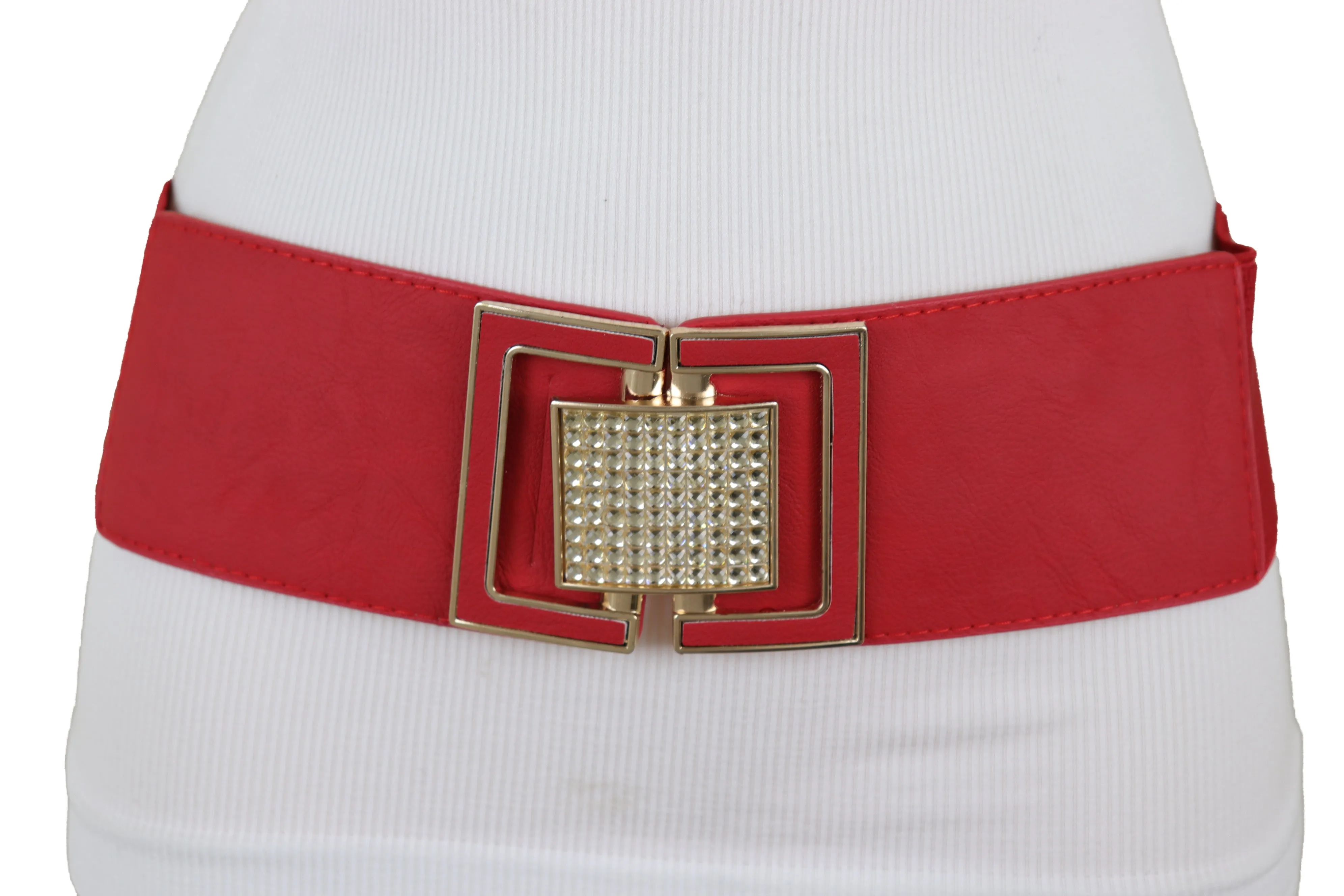 Red Elastic Waistband Fashion Belt Gold Square Buckle Fit Size S M