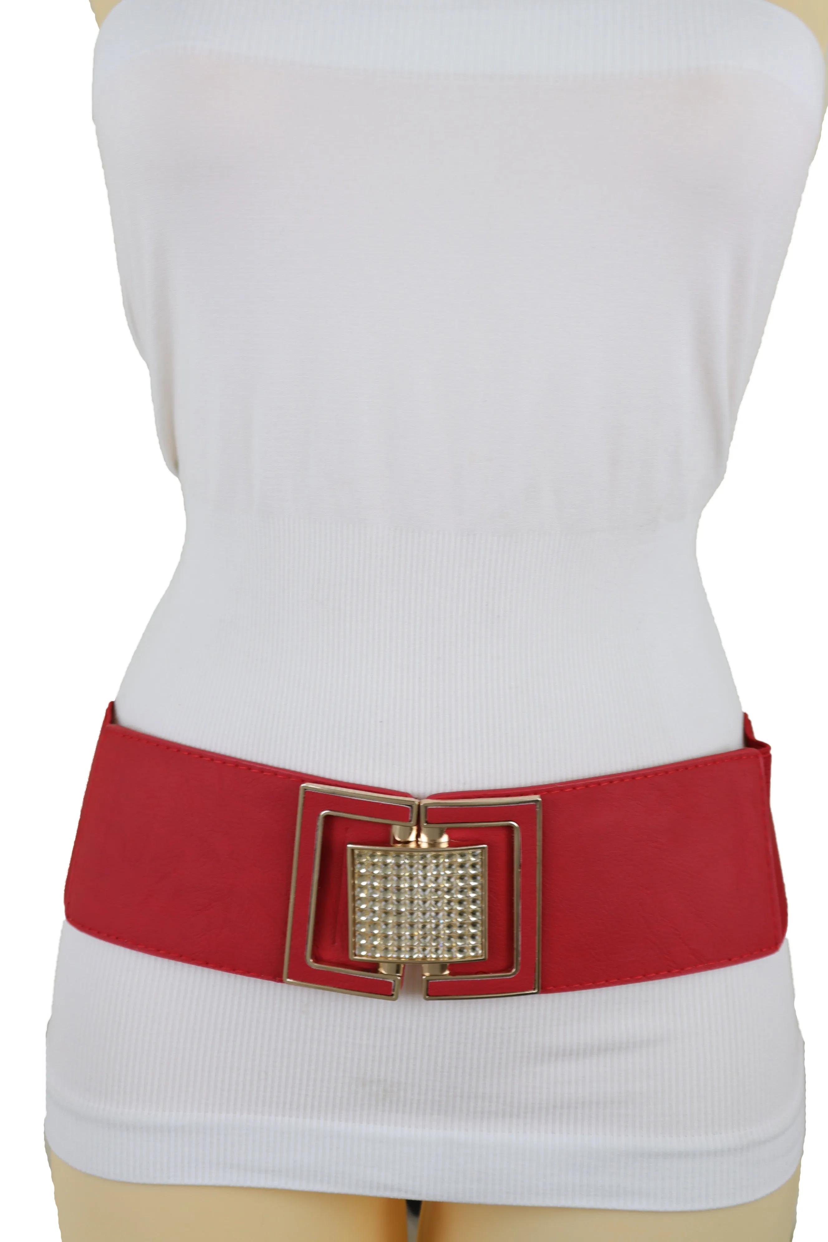 Red Elastic Waistband Fashion Belt Gold Square Buckle Fit Size S M