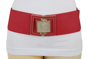 Red Elastic Waistband Fashion Belt Gold Square Buckle Fit Size S M