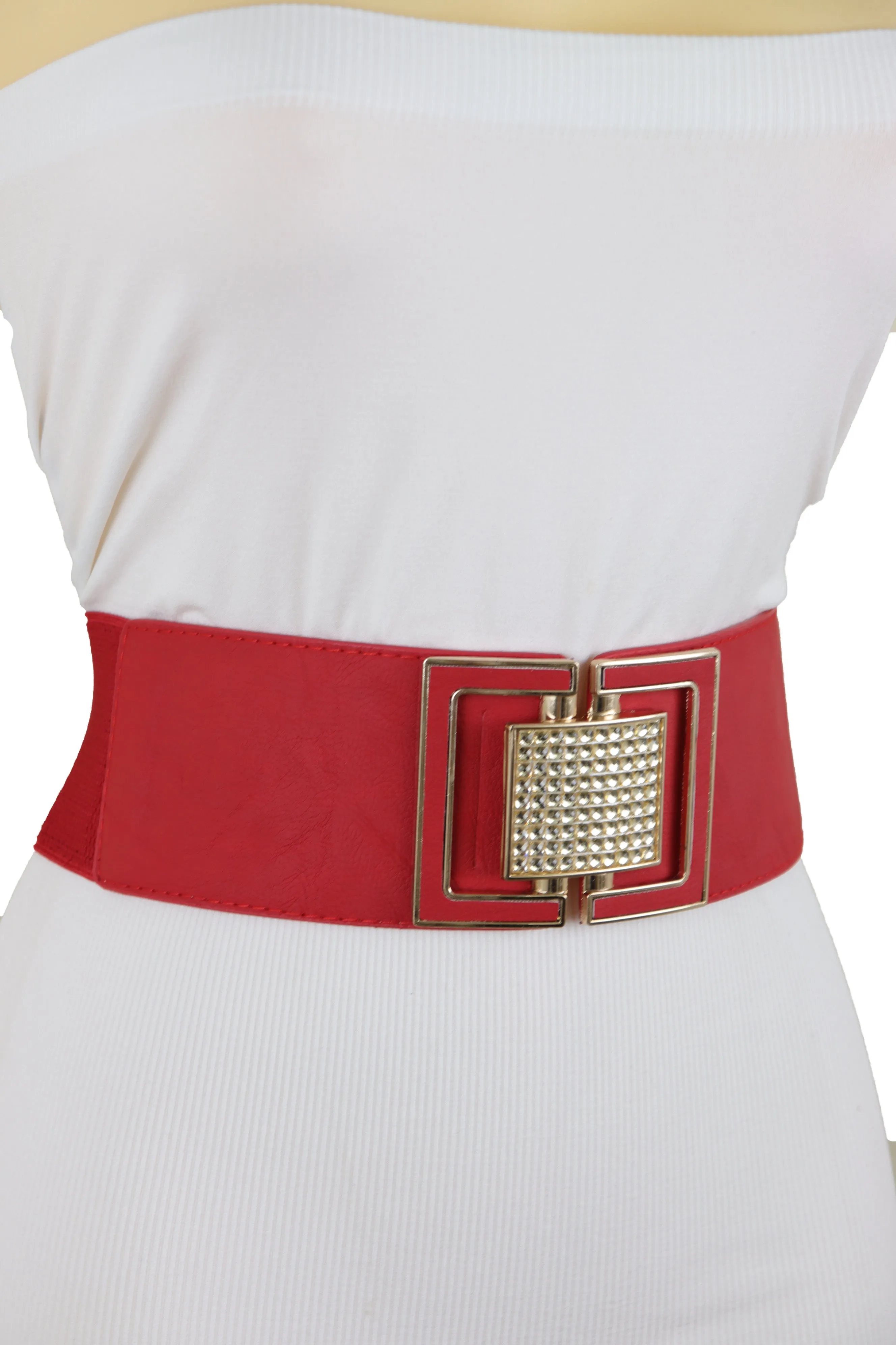 Red Elastic Waistband Fashion Belt Gold Square Buckle Fit Size S M