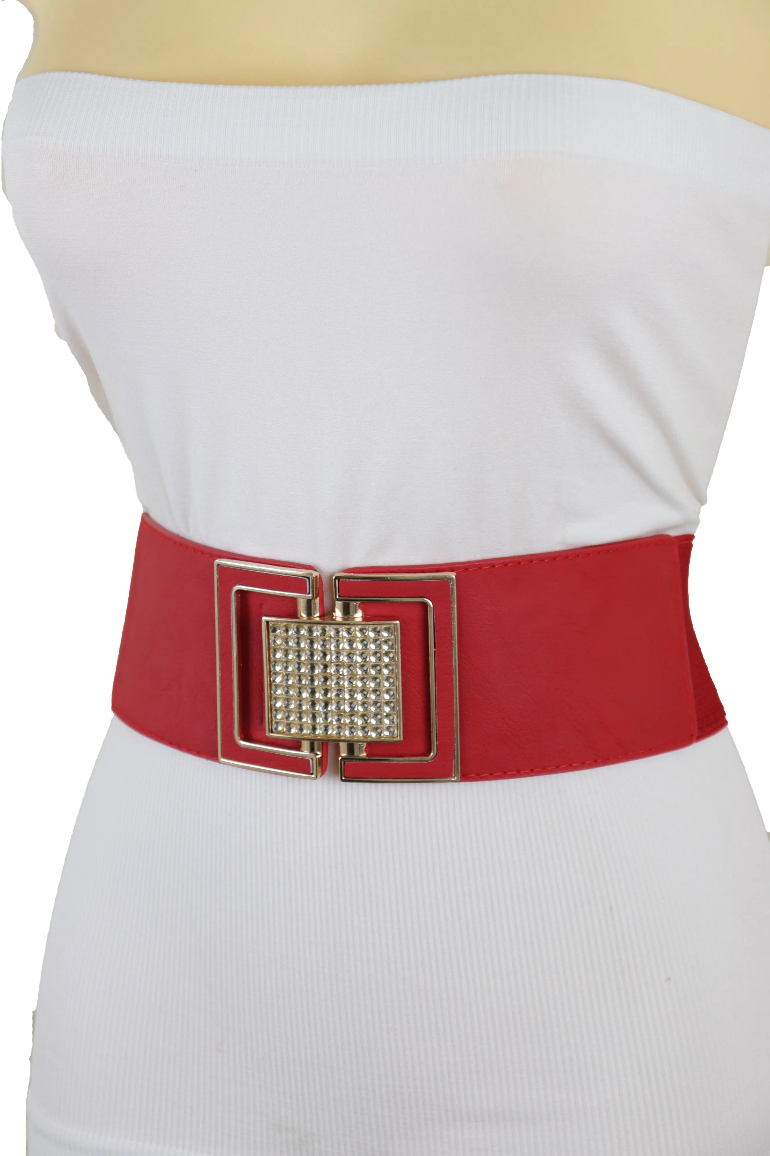 Red Elastic Waistband Fashion Belt Gold Square Buckle Fit Size S M
