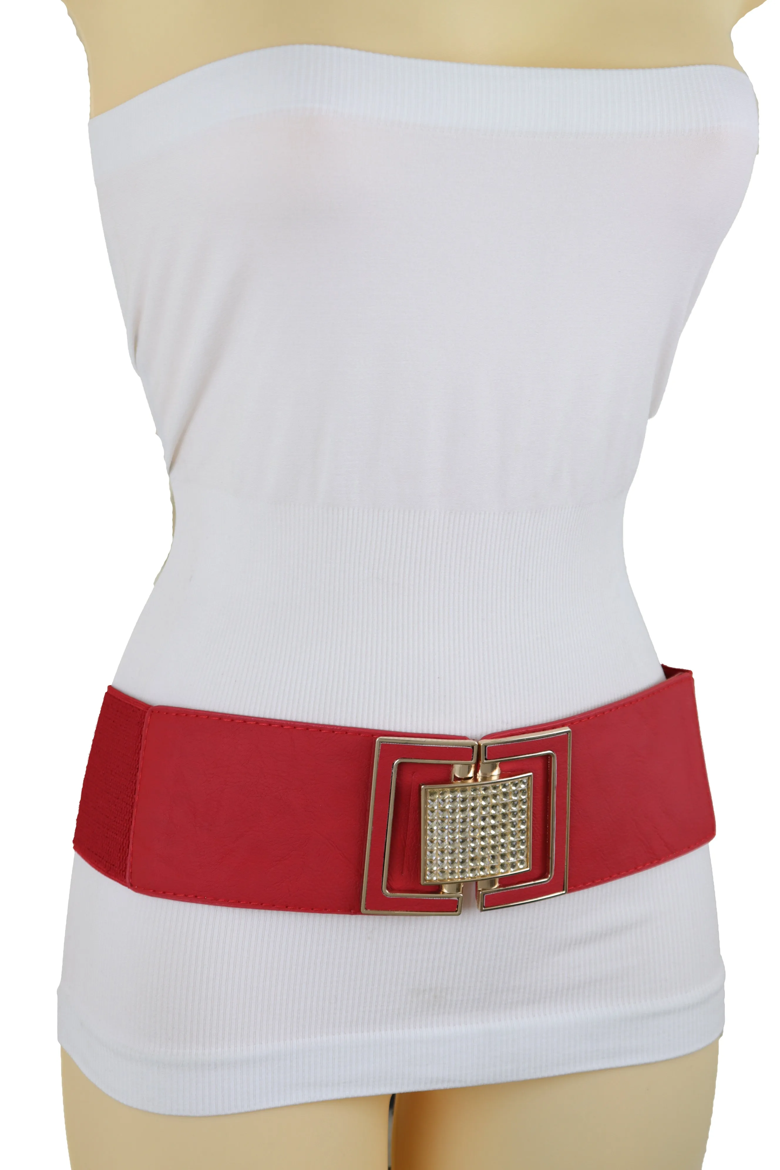 Red Elastic Waistband Fashion Belt Gold Square Buckle Fit Size S M