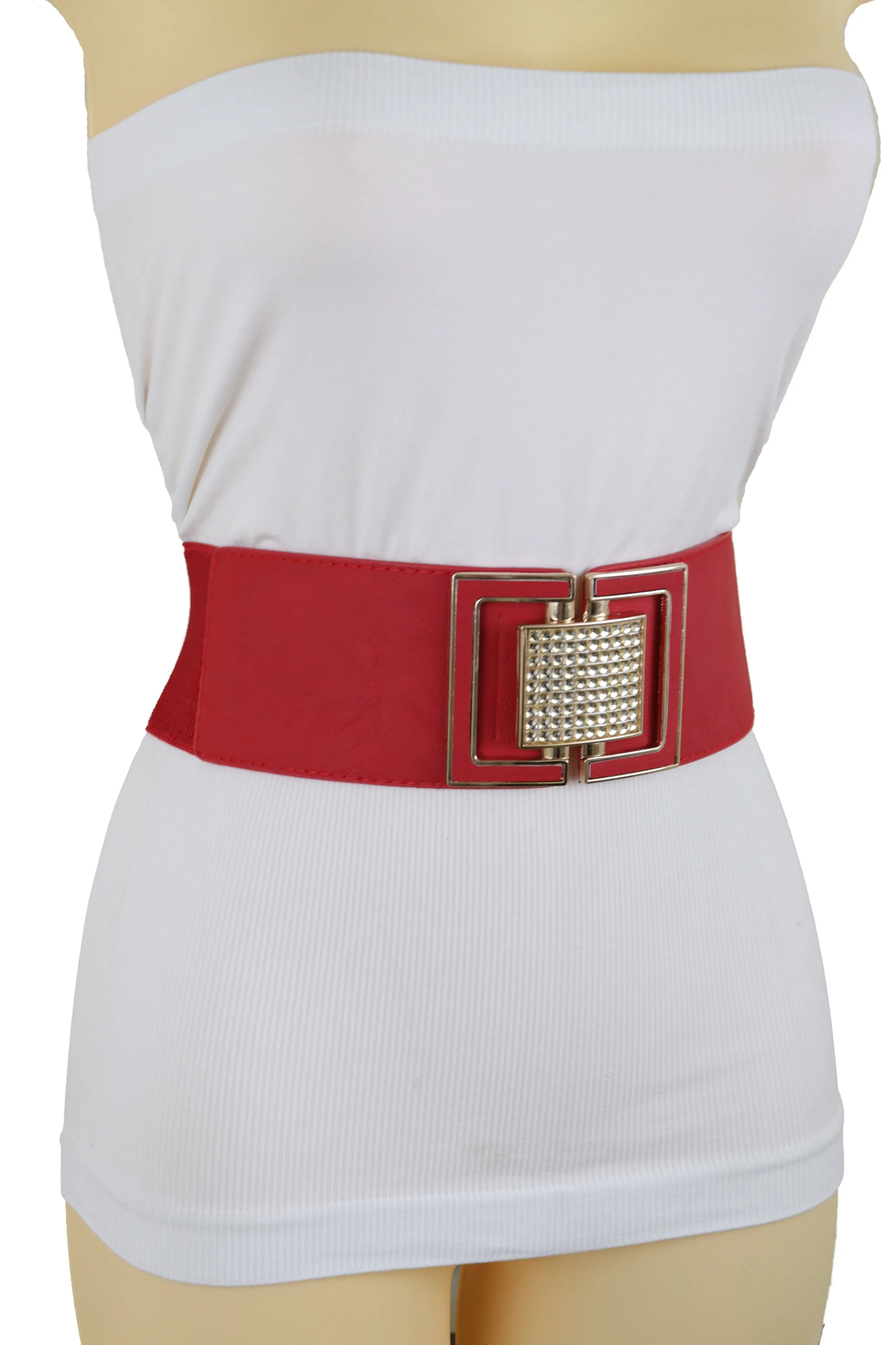 Red Elastic Waistband Fashion Belt Gold Square Buckle Fit Size S M