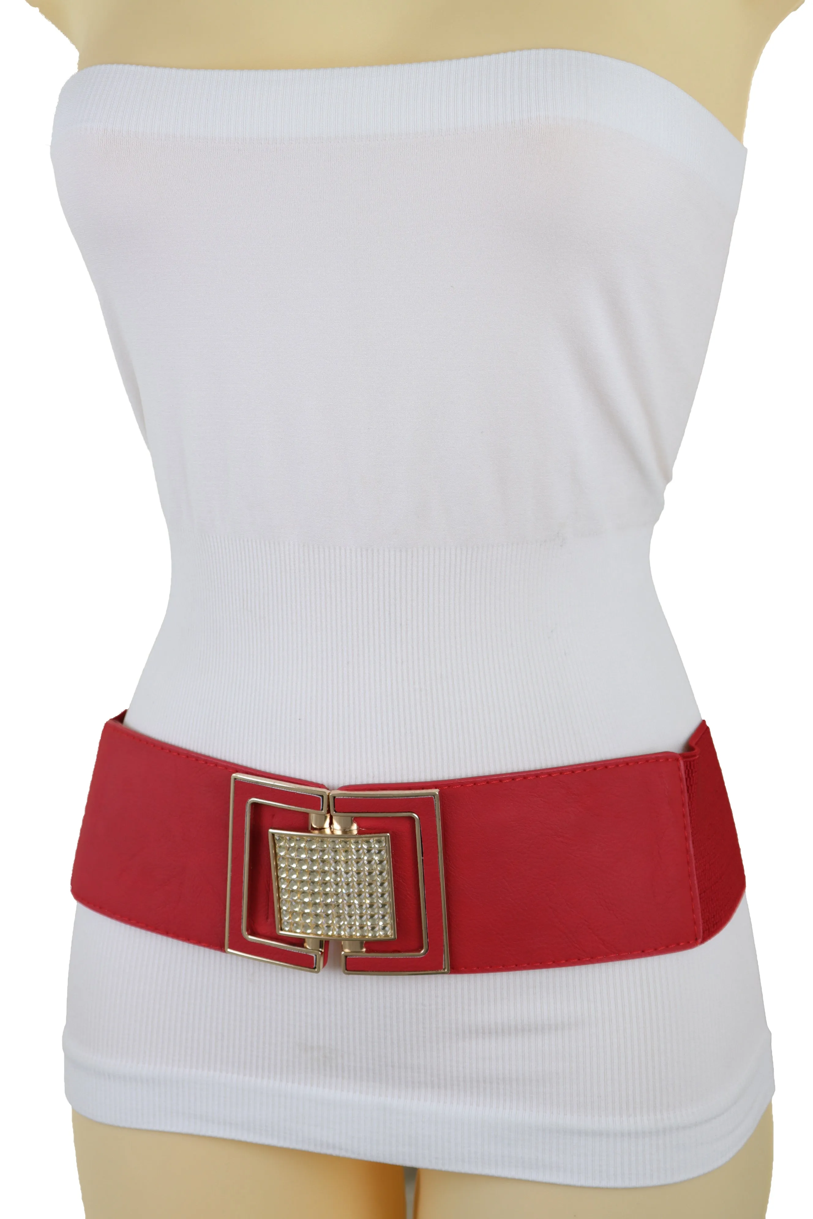 Red Elastic Waistband Fashion Belt Gold Square Buckle Fit Size S M