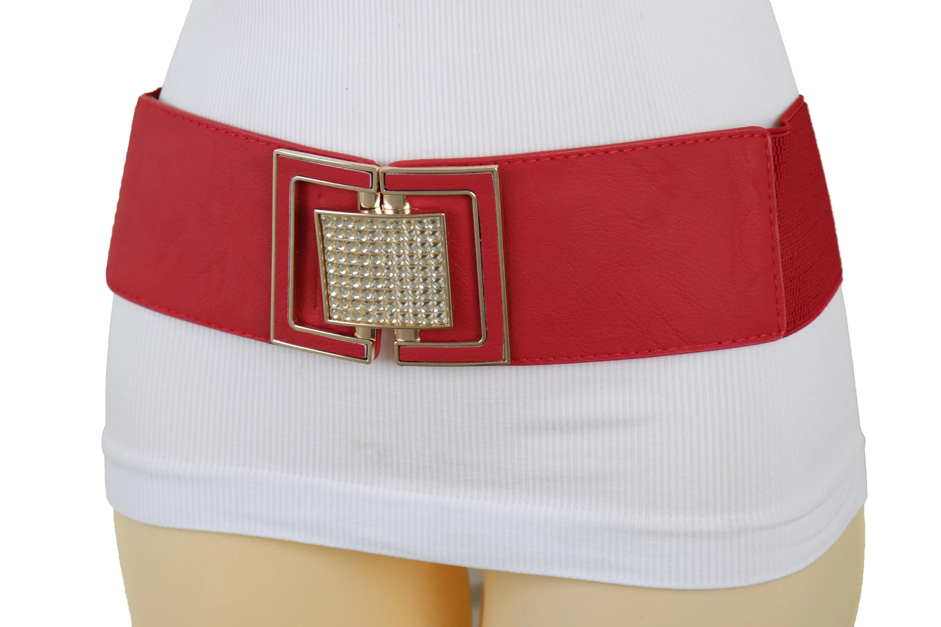 Red Elastic Waistband Fashion Belt Gold Square Buckle Fit Size S M