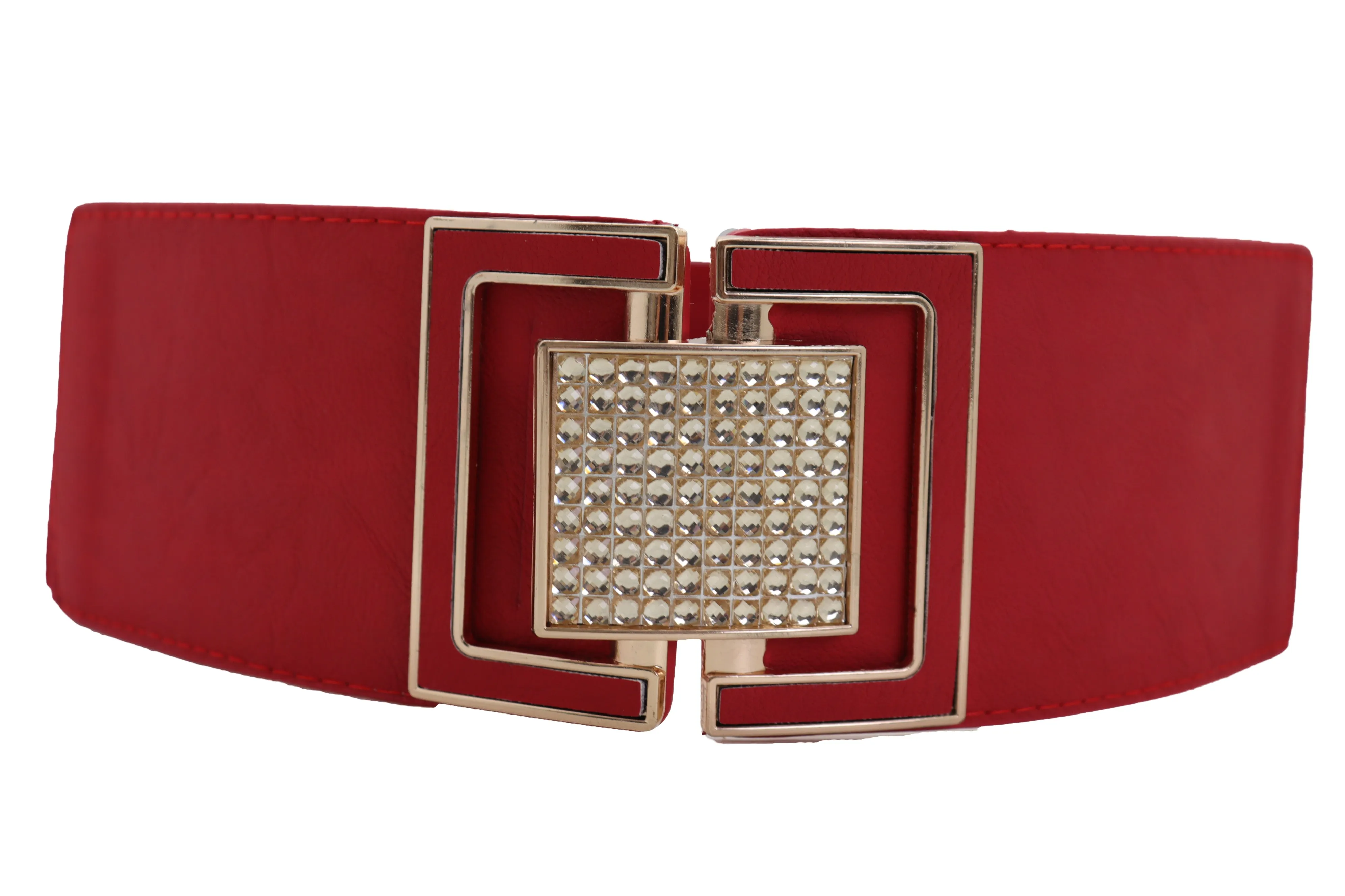 Red Elastic Waistband Fashion Belt Gold Square Buckle Fit Size S M