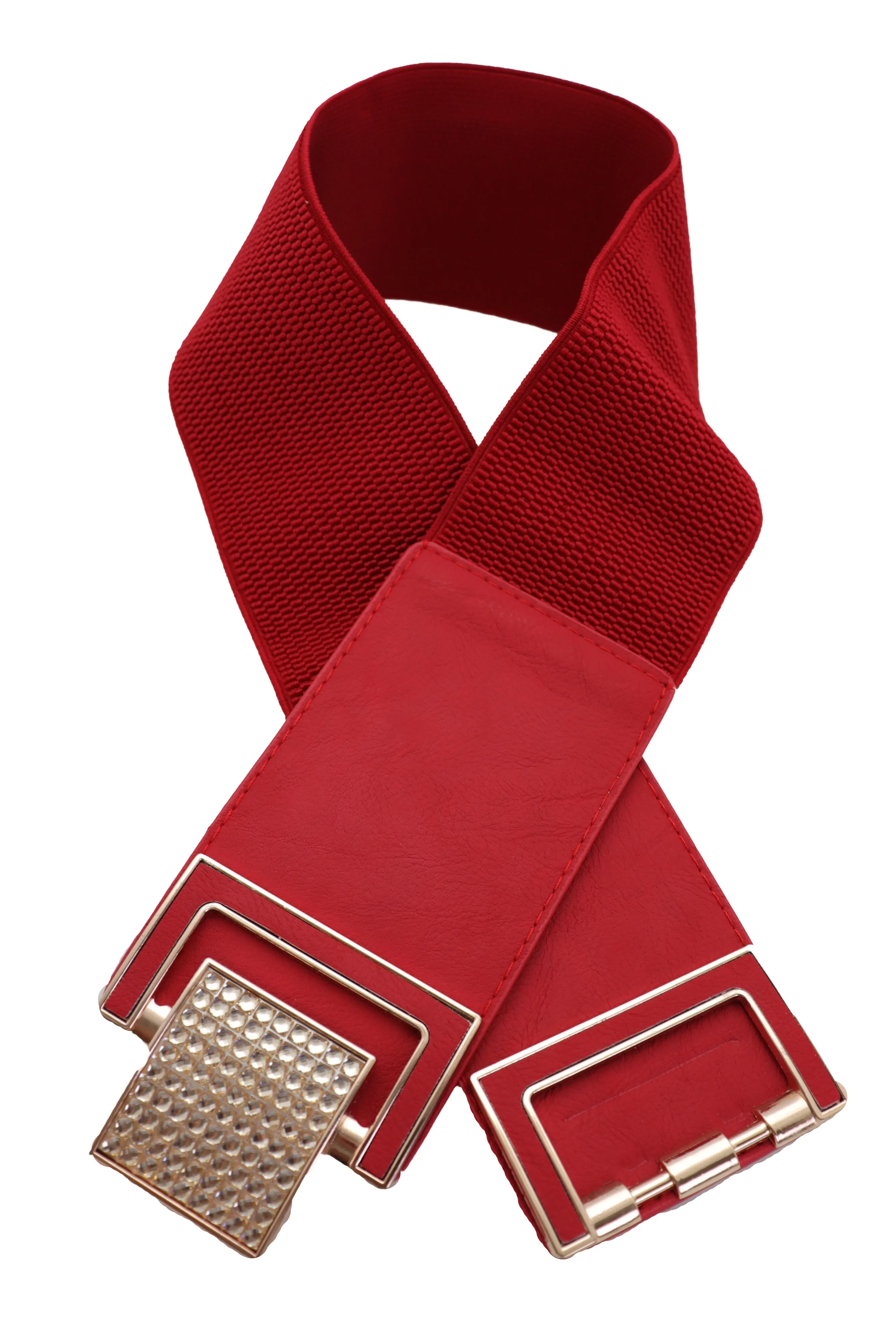 Red Elastic Waistband Fashion Belt Gold Square Buckle Fit Size S M