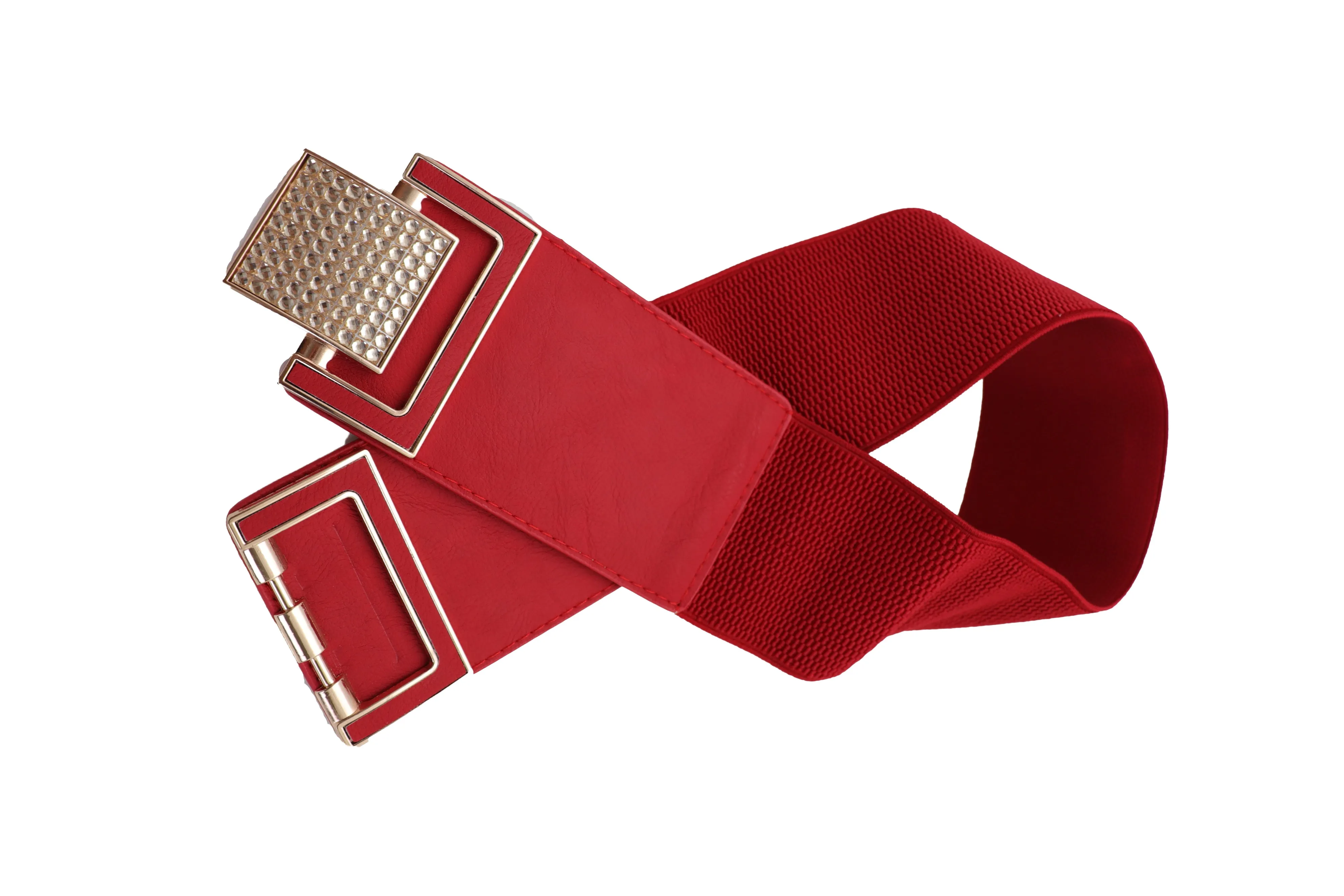 Red Elastic Waistband Fashion Belt Gold Square Buckle Fit Size S M