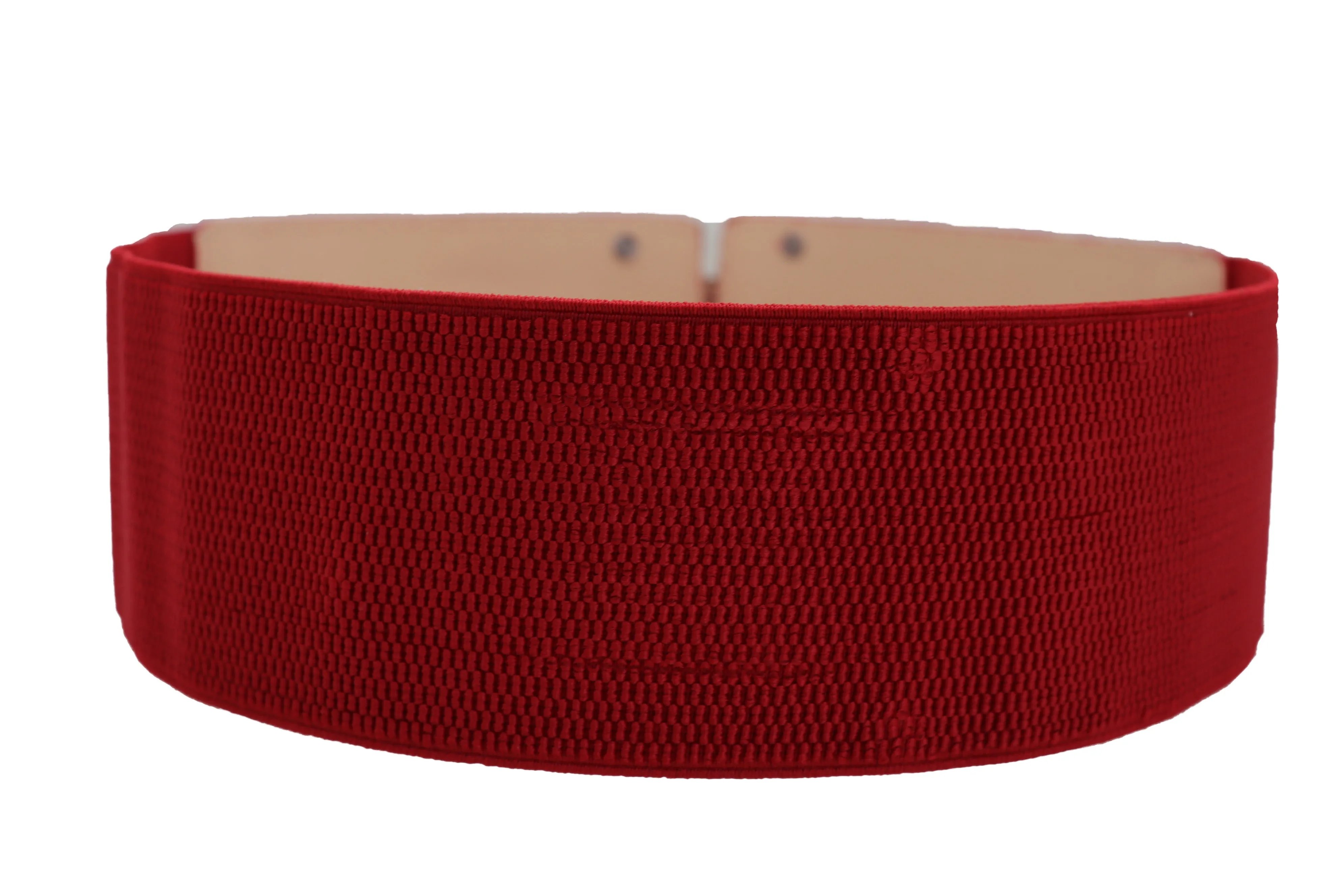 Red Elastic Waistband Fashion Belt Gold Square Buckle Fit Size S M