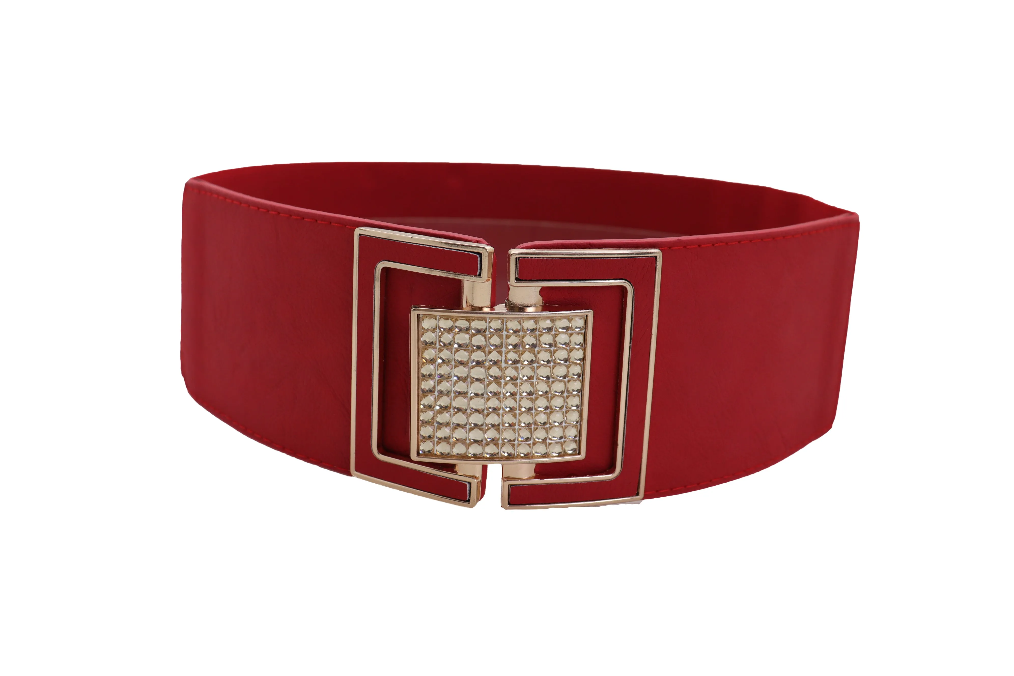 Red Elastic Waistband Fashion Belt Gold Square Buckle Fit Size S M