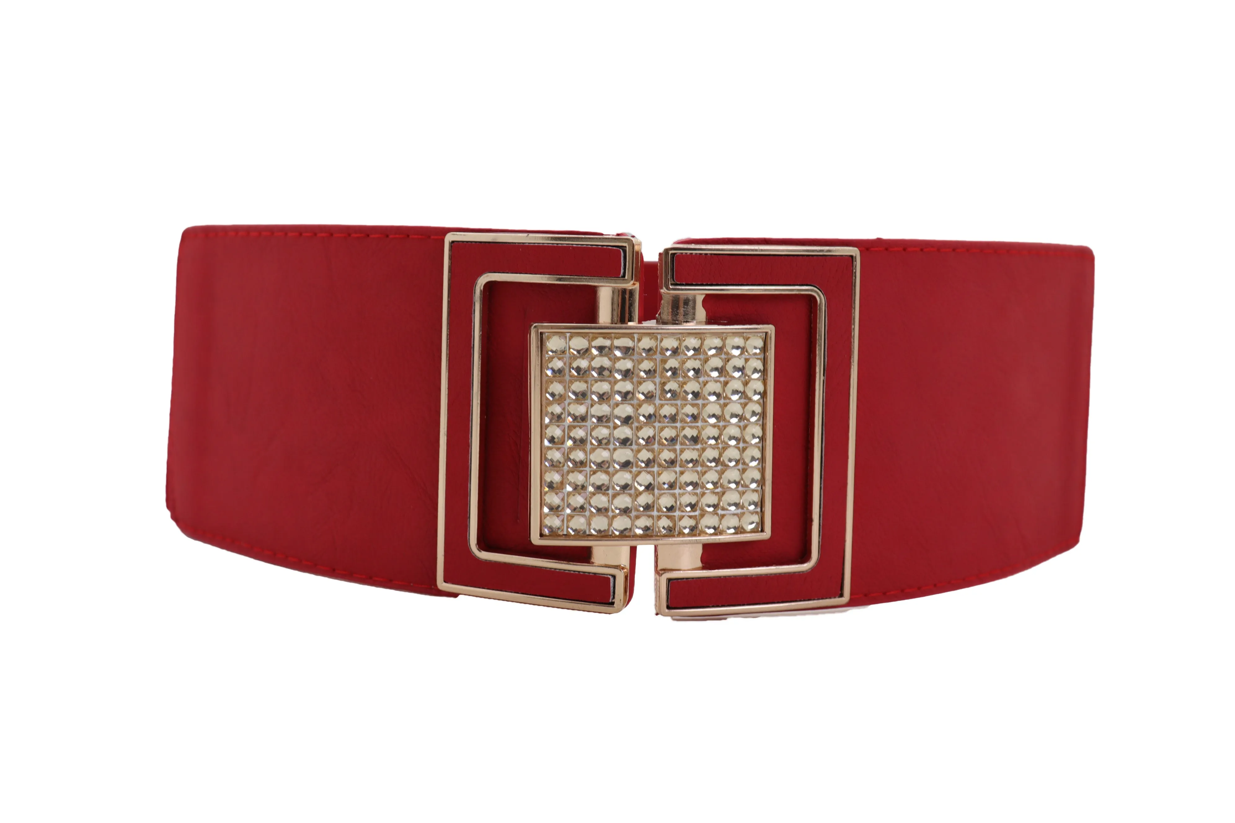 Red Elastic Waistband Fashion Belt Gold Square Buckle Fit Size S M