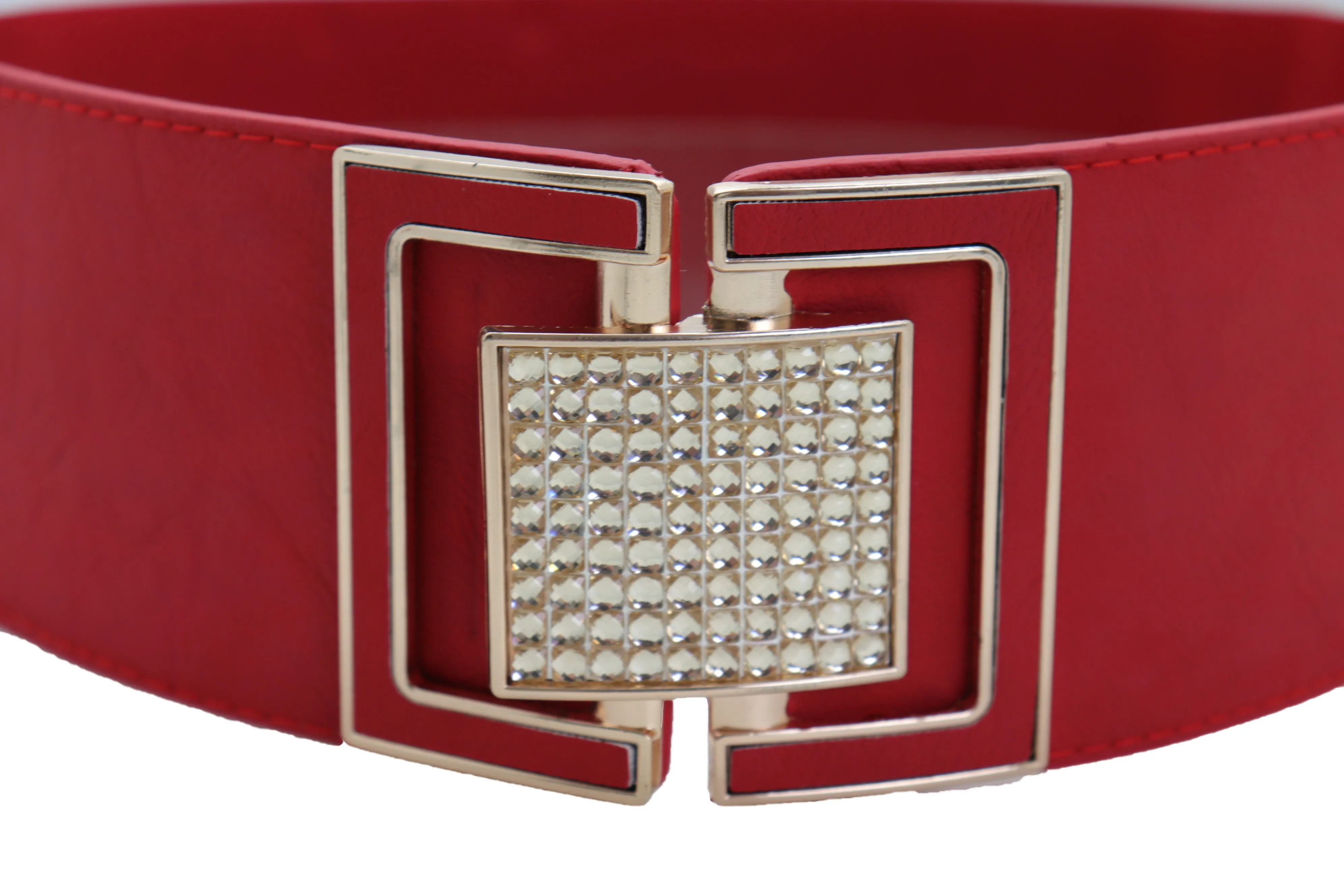 Red Elastic Waistband Fashion Belt Gold Square Buckle Fit Size S M