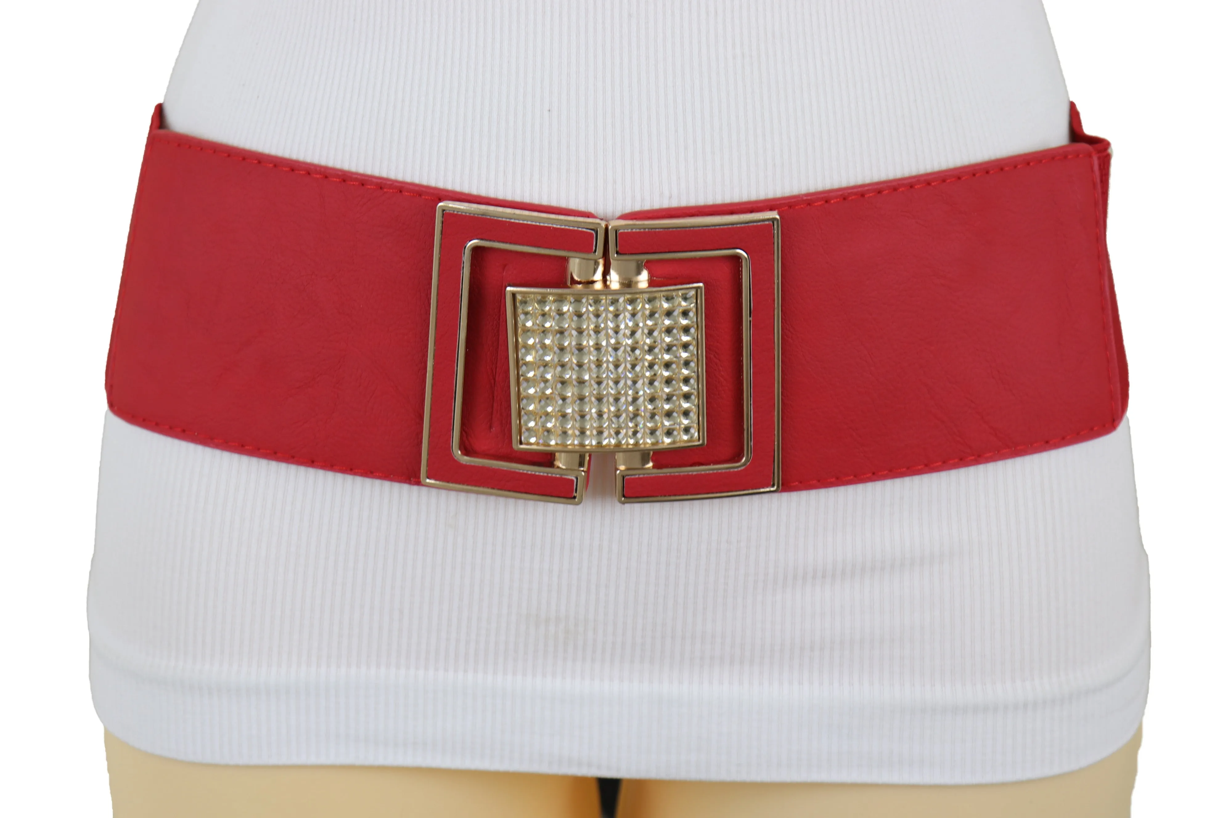 Red Elastic Waistband Fashion Belt Gold Square Buckle Fit Size S M