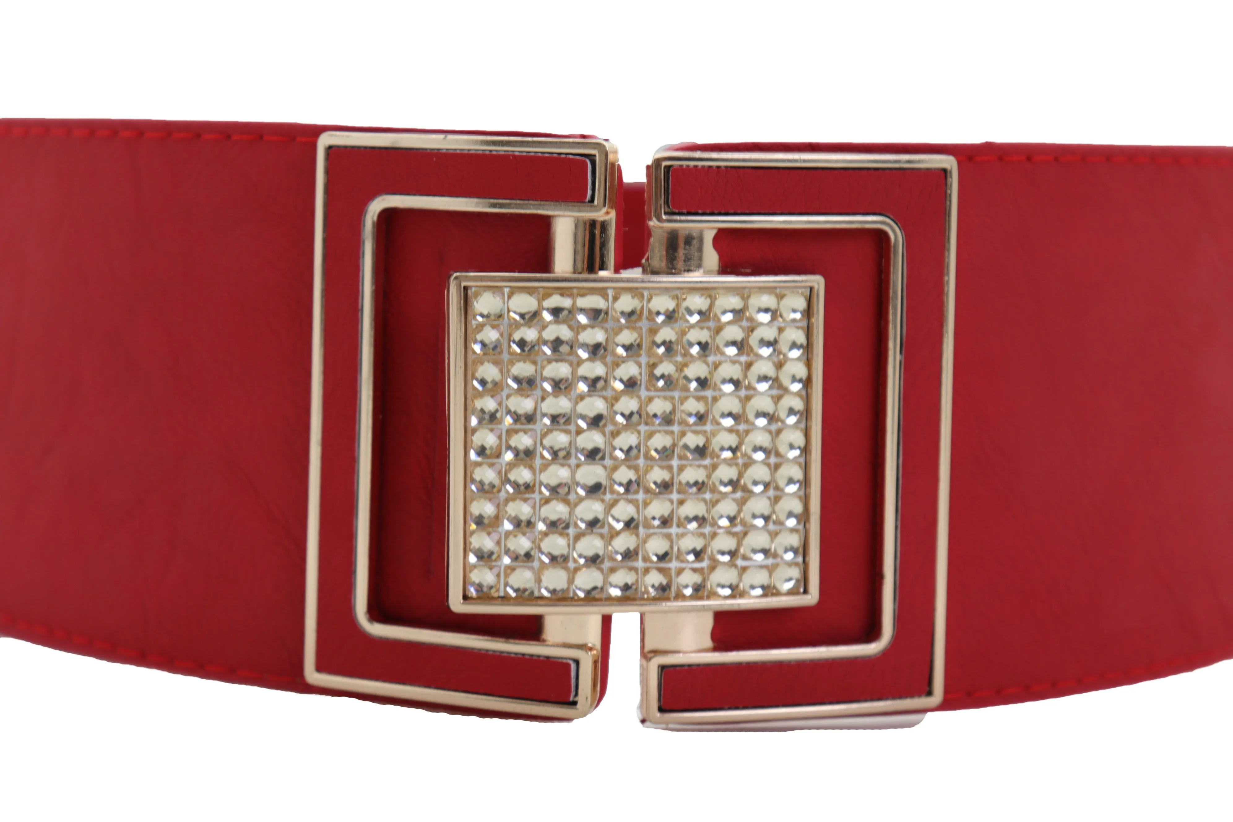 Red Elastic Waistband Fashion Belt Gold Square Buckle Fit Size S M