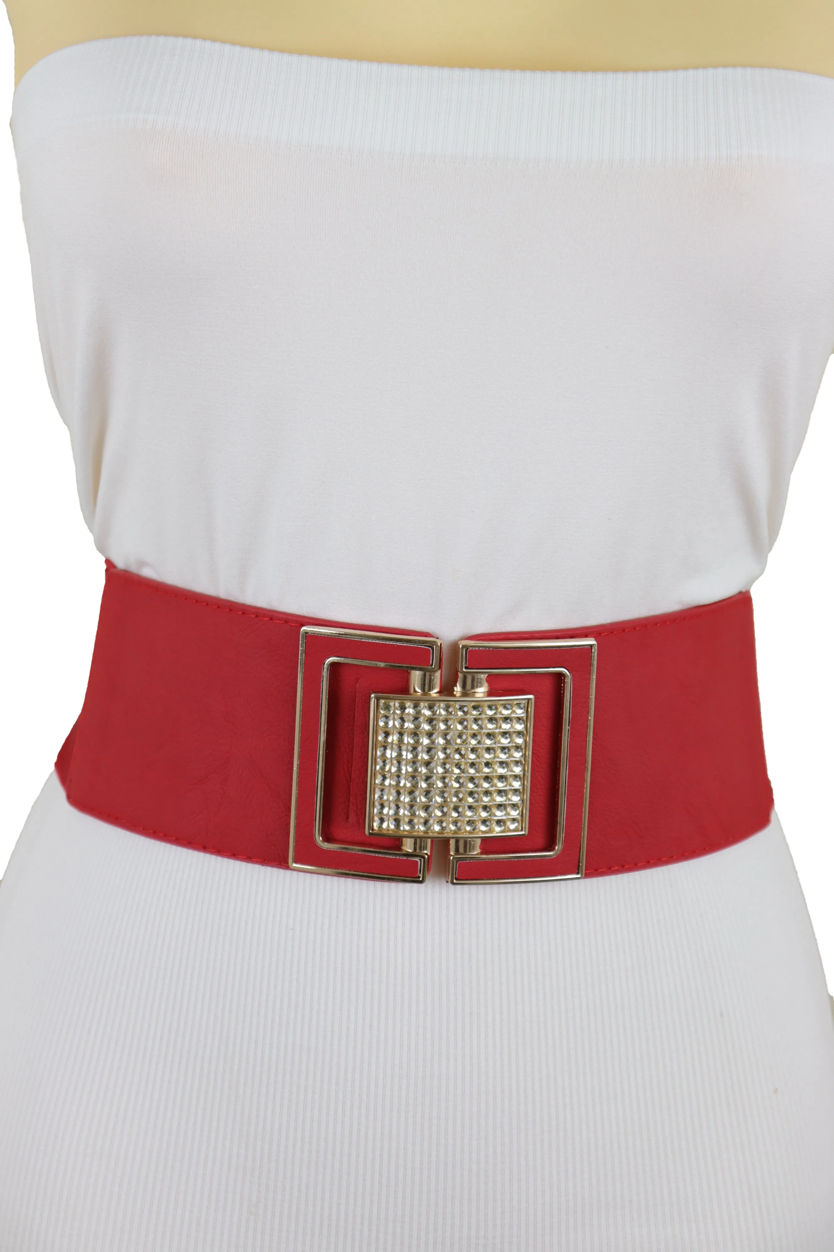 Red Elastic Waistband Fashion Belt Gold Square Buckle Fit Size S M