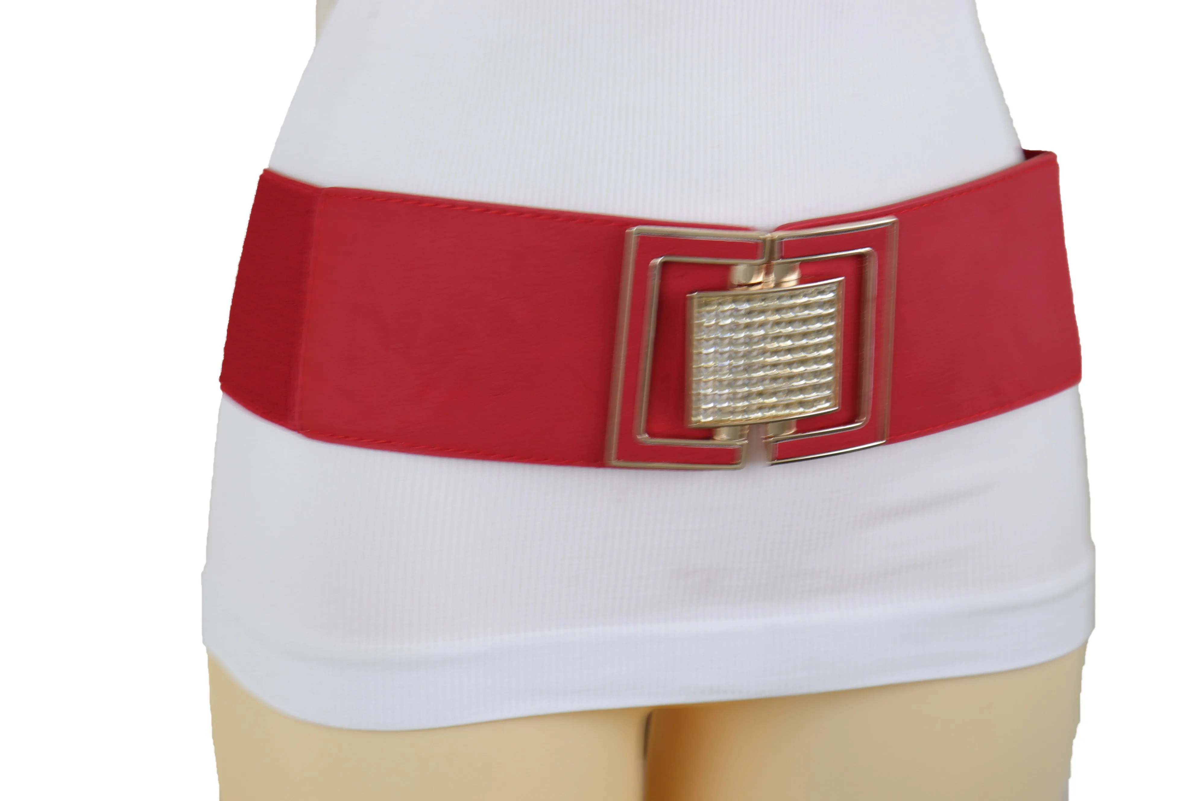 Red Elastic Waistband Fashion Belt Gold Square Buckle Fit Size S M