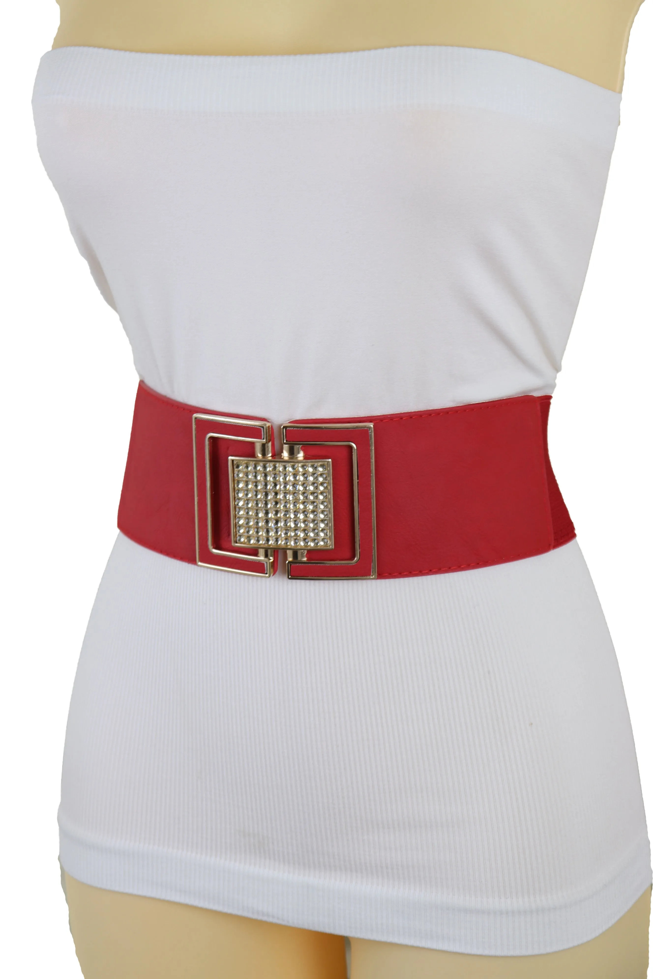 Red Elastic Waistband Fashion Belt Gold Square Buckle Fit Size S M