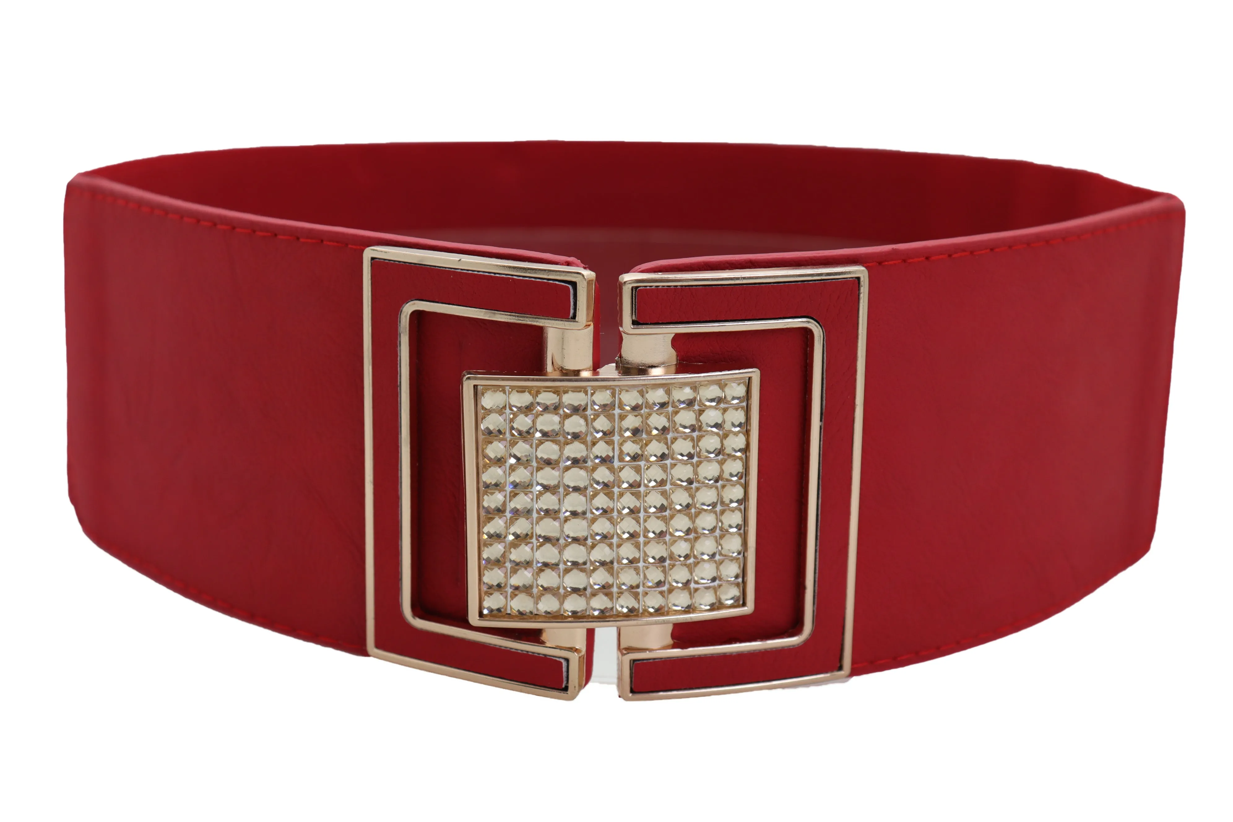 Red Elastic Waistband Fashion Belt Gold Square Buckle Fit Size S M