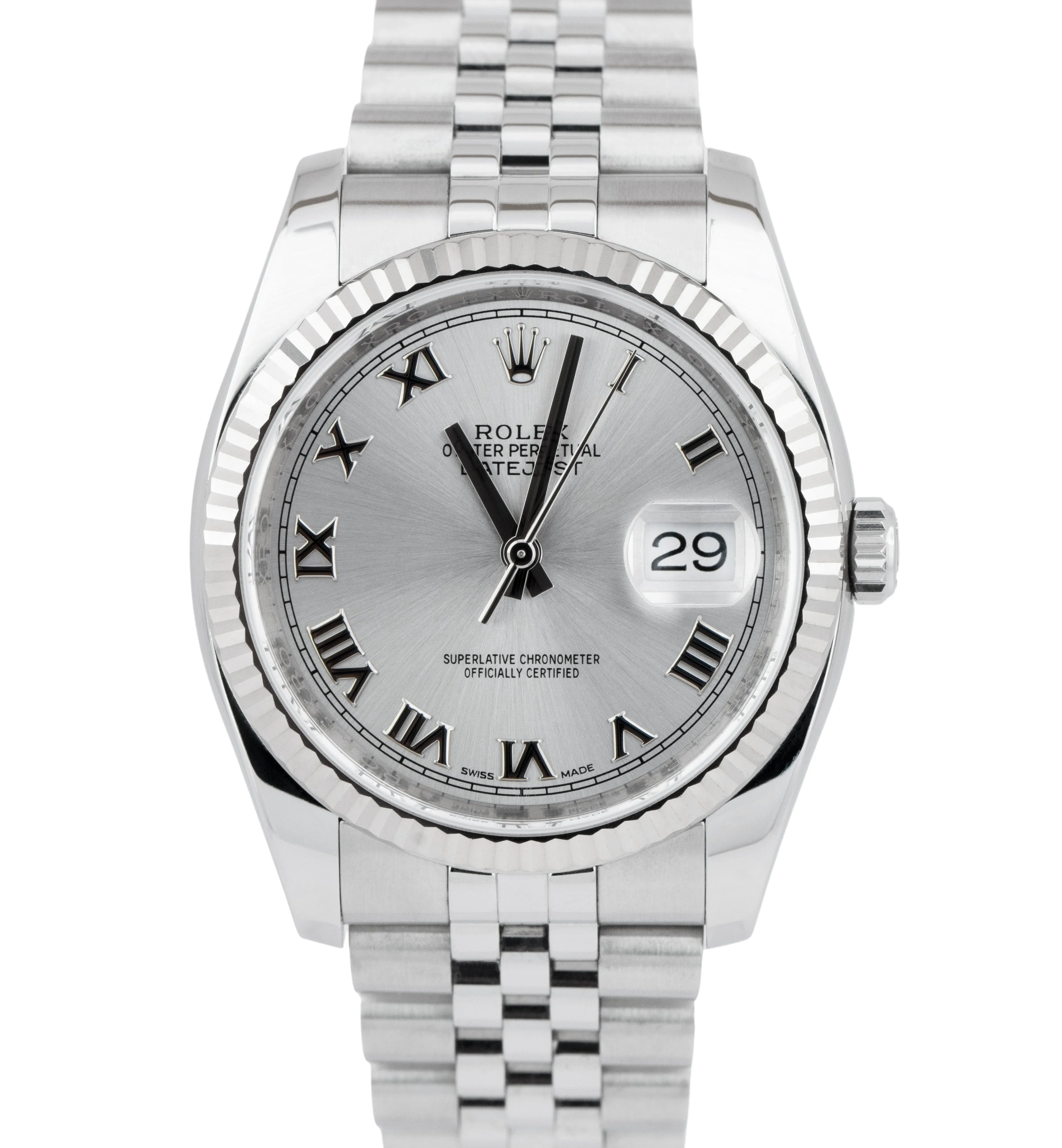 Rolex DateJust 36mm Silver PAPERS White Gold Steel Jubilee Watch 116234 B P