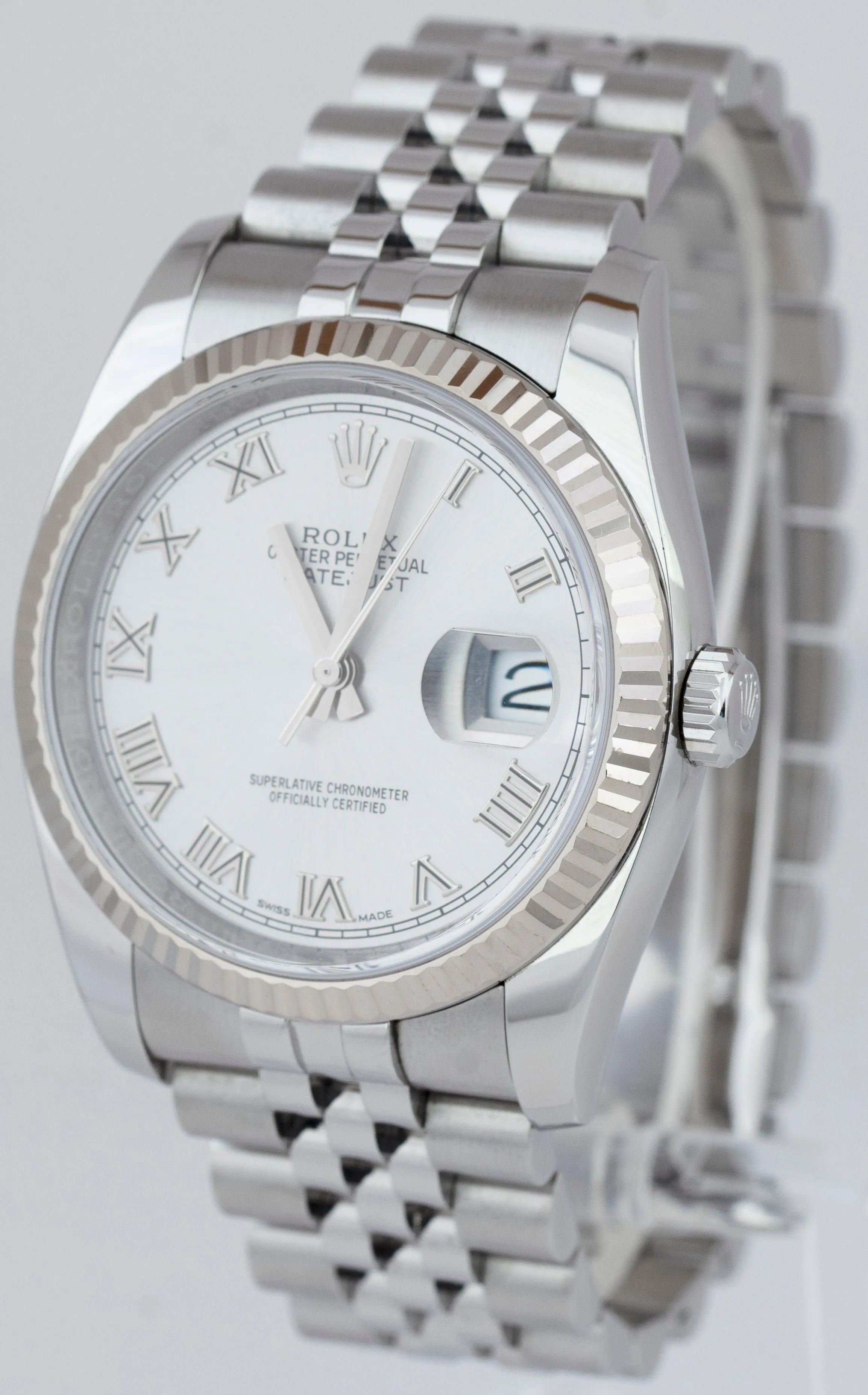 Rolex DateJust 36mm Silver PAPERS White Gold Steel Jubilee Watch 116234 B P