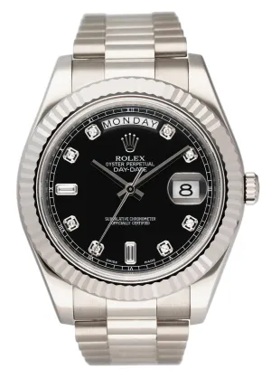 Rolex Day-Date 41 218239 Diamond Black Dial 18K White Gold Mens Watch Box Papers