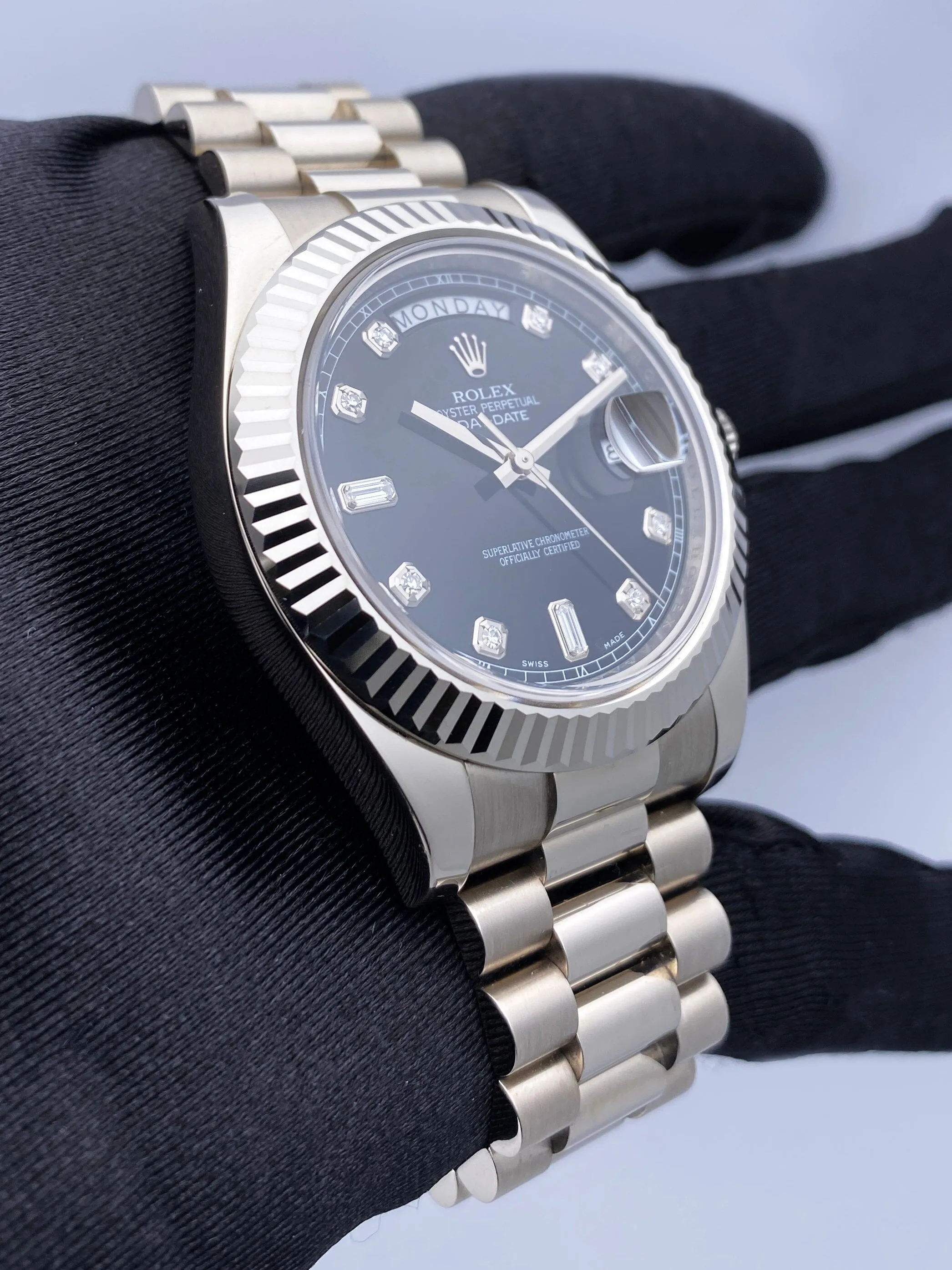 Rolex Day-Date 41 218239 Diamond Black Dial 18K White Gold Mens Watch Box Papers