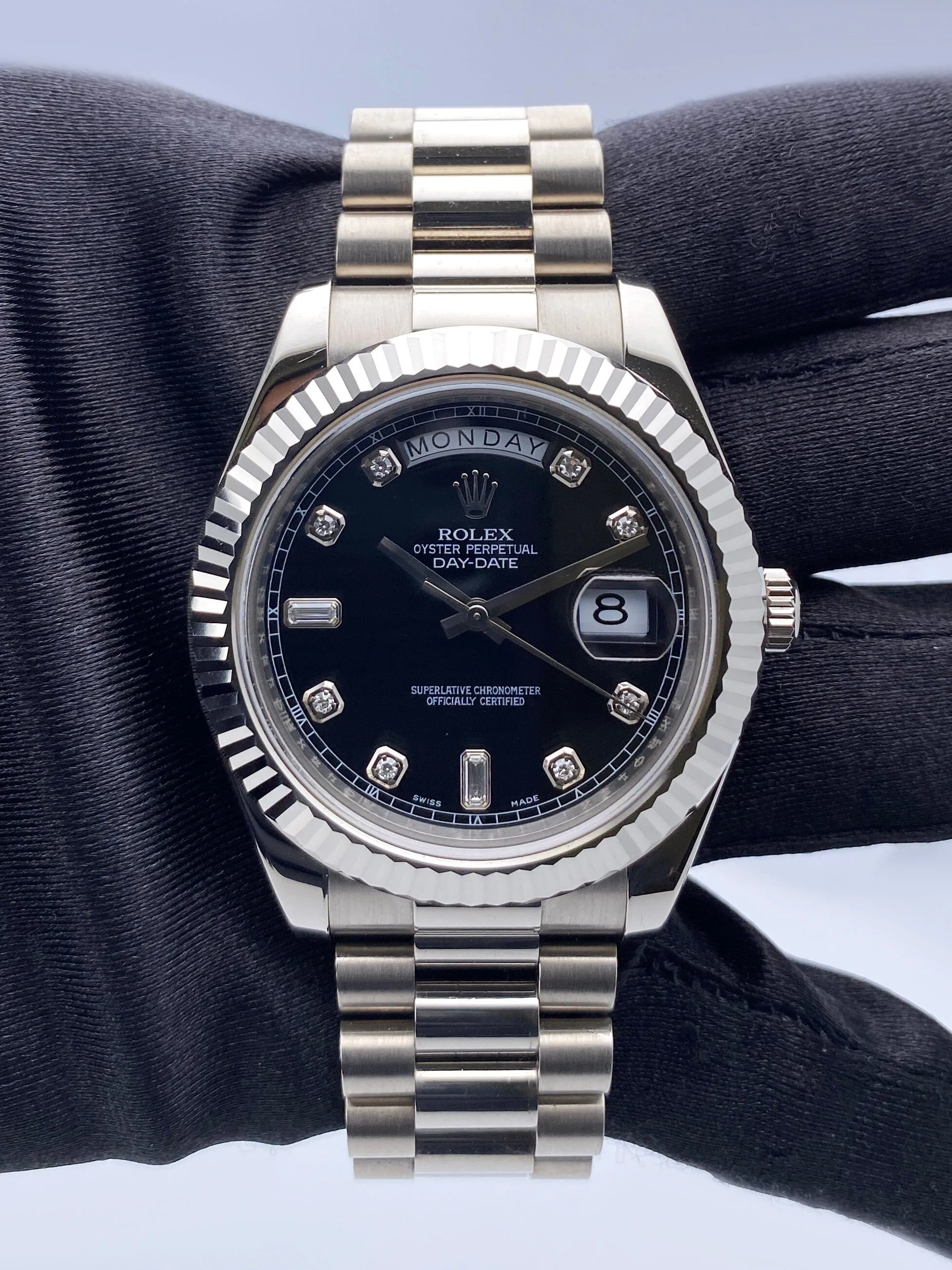 Rolex Day-Date 41 218239 Diamond Black Dial 18K White Gold Mens Watch Box Papers