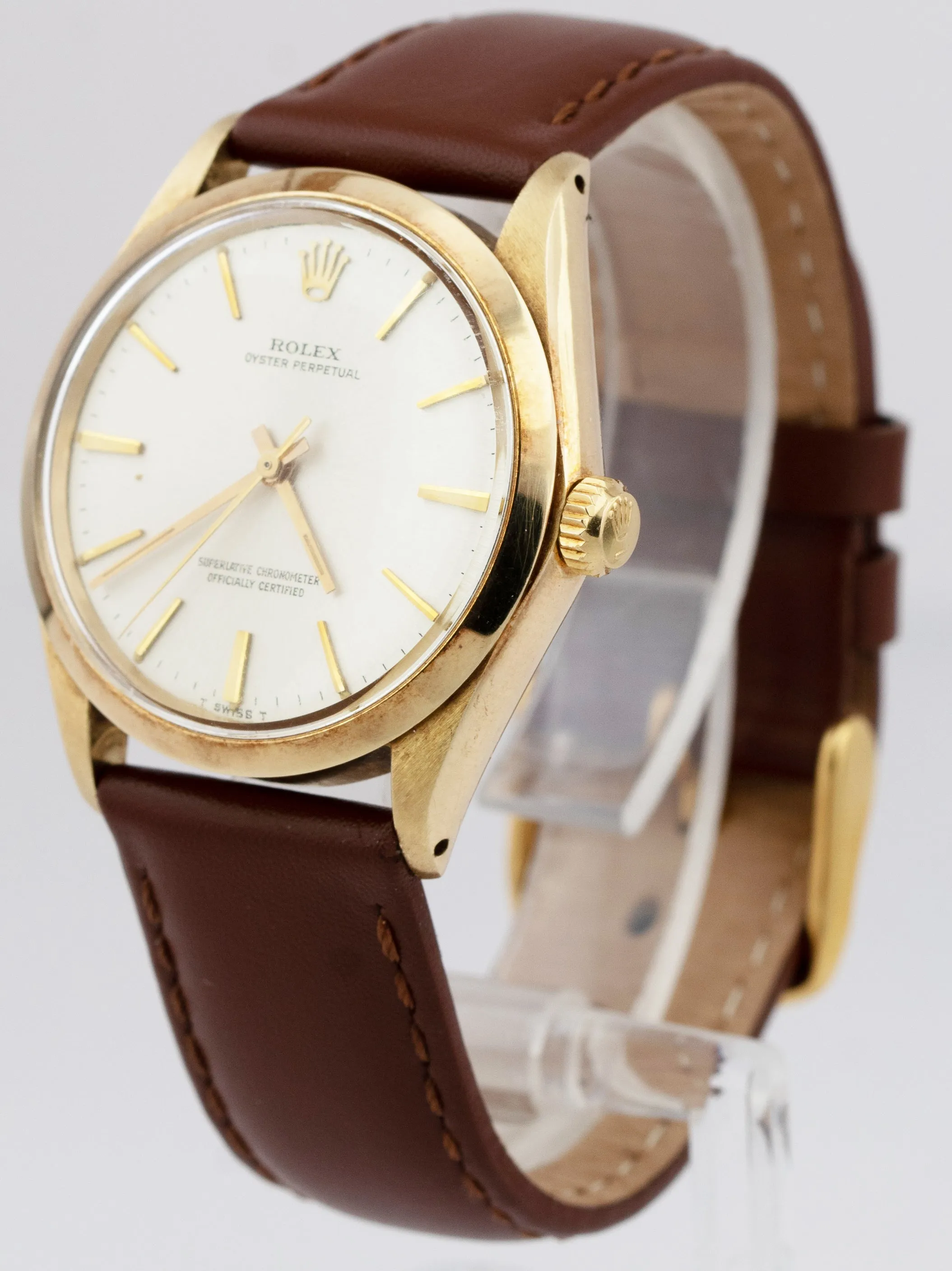 Rolex Oyster Perpetual 14K Yellow Gold 34mm Automatic Brown Leather Watch 1002