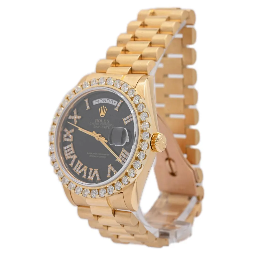 Rolex President Day-Date 18K Yellow Gold 36mm Custom Black Roman Diamond Dial Watch Reference #: 18038