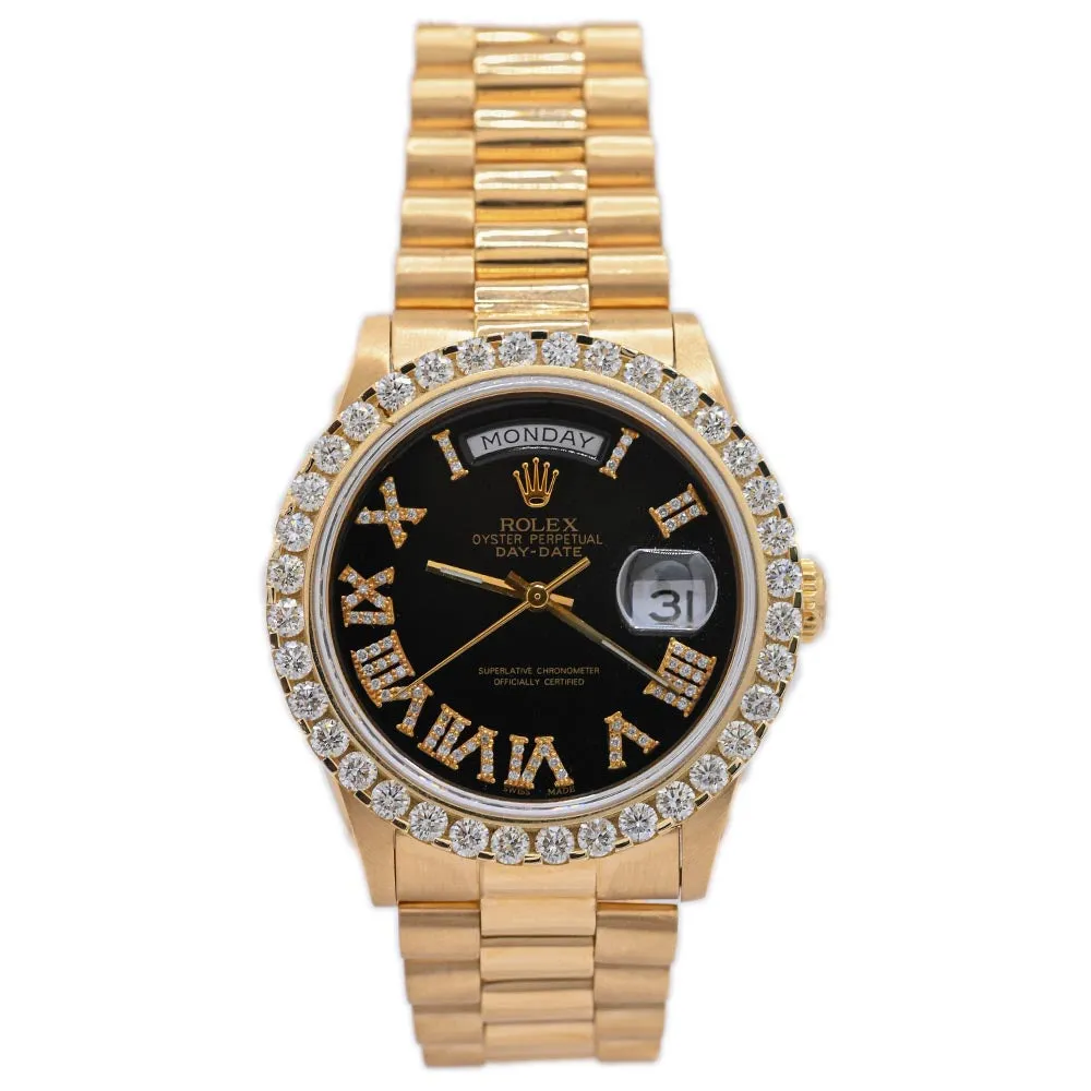 Rolex President Day-Date 18K Yellow Gold 36mm Custom Black Roman Diamond Dial Watch Reference #: 18038