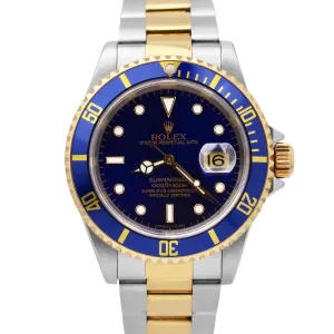 Rolex Submariner Date Two-Tone Gold Blue 40mm Stainless PAPERS Watch 16613 B P