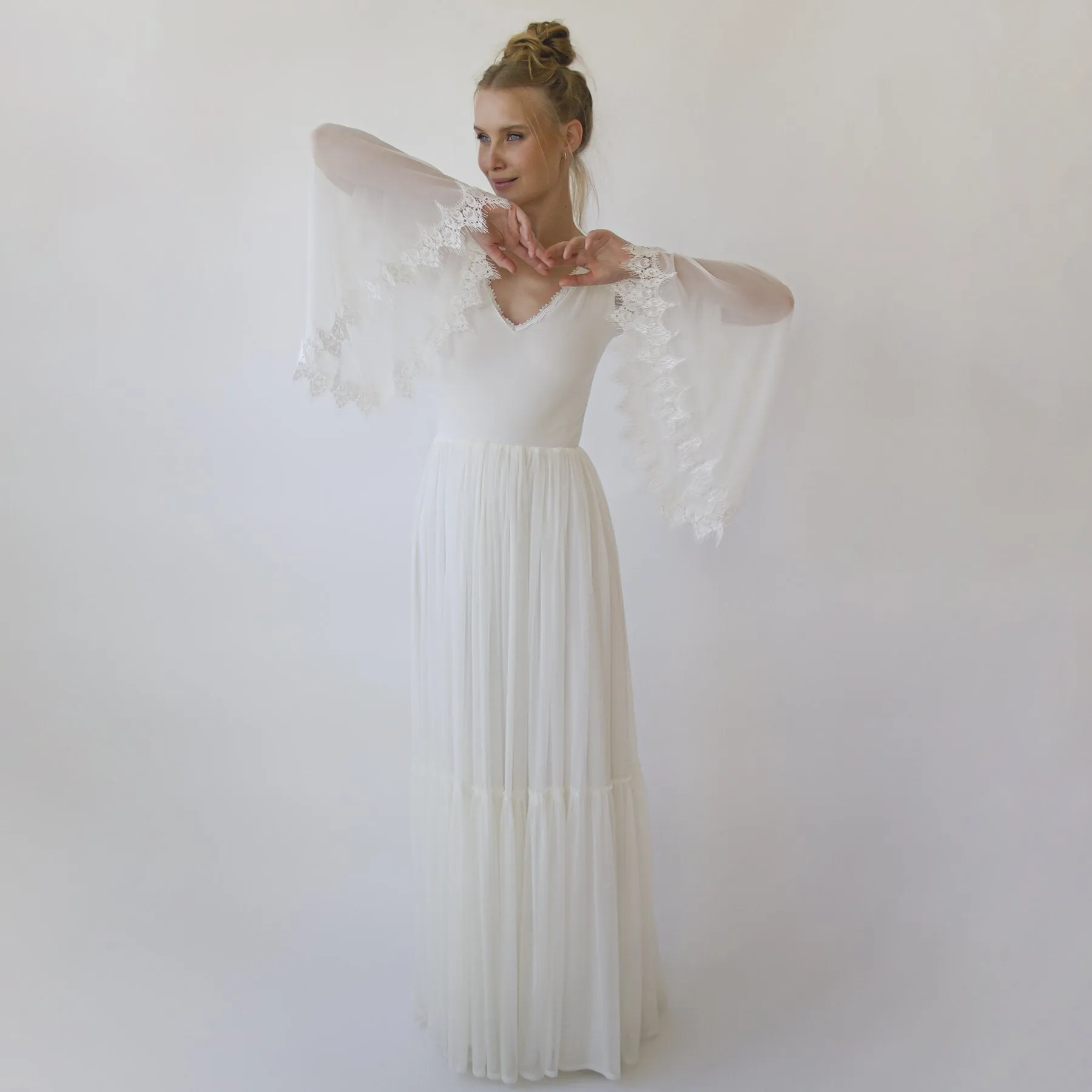 Romantic Chiffon Wedding dress, Belle Sleeves Ivory Wedding Dress #1369