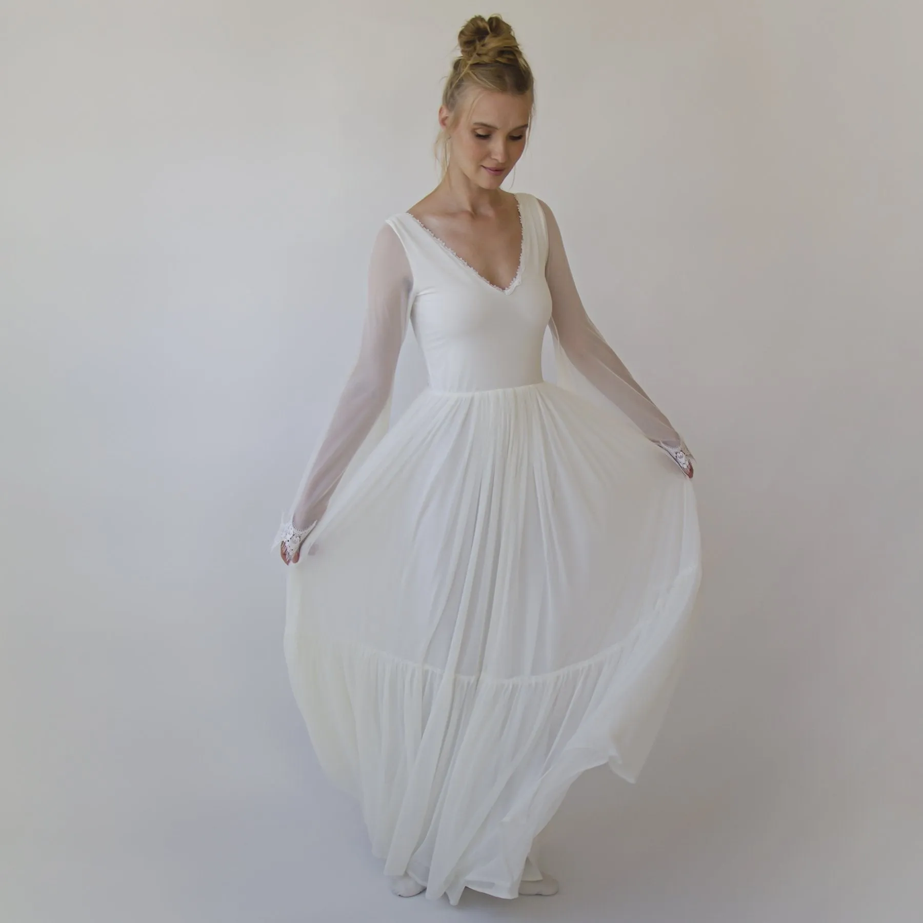 Romantic Chiffon Wedding dress, Belle Sleeves Ivory Wedding Dress #1369