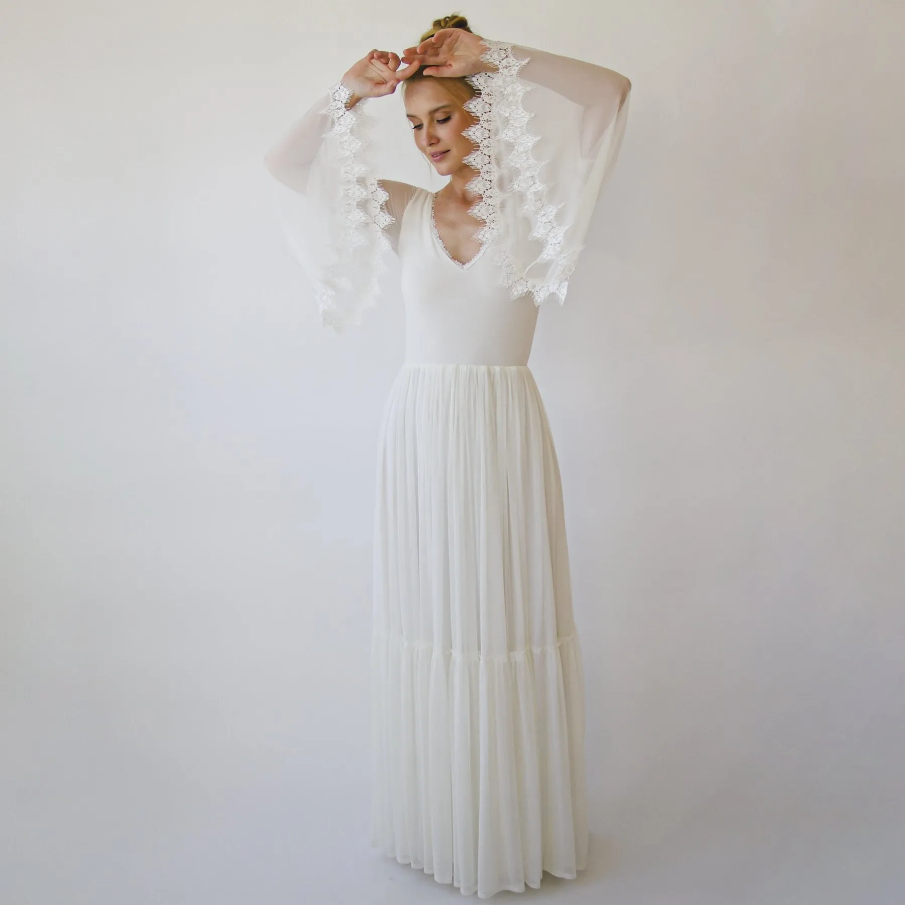 Romantic Chiffon Wedding dress, Belle Sleeves Ivory Wedding Dress #1369