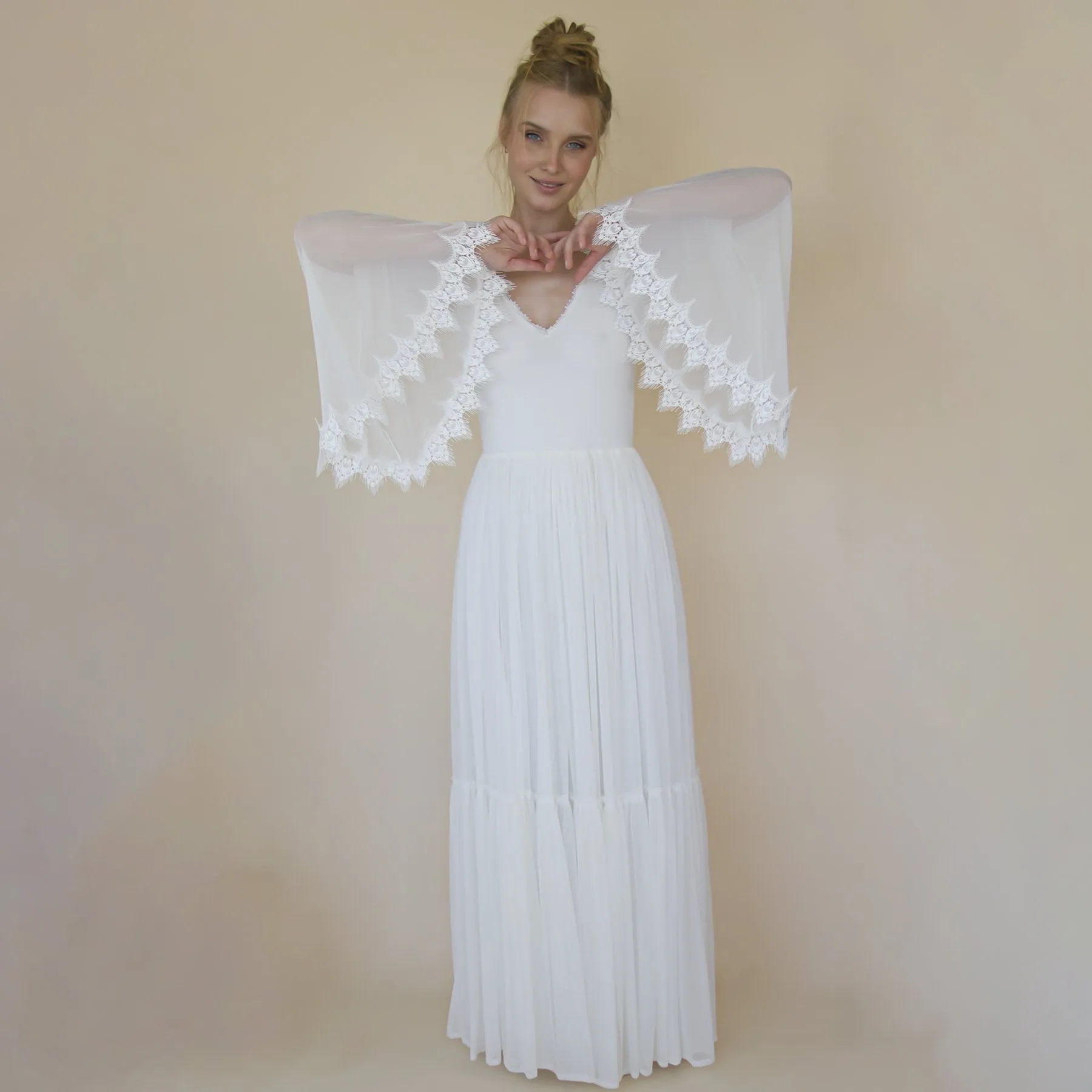 Romantic Chiffon Wedding dress, Belle Sleeves Ivory Wedding Dress #1369