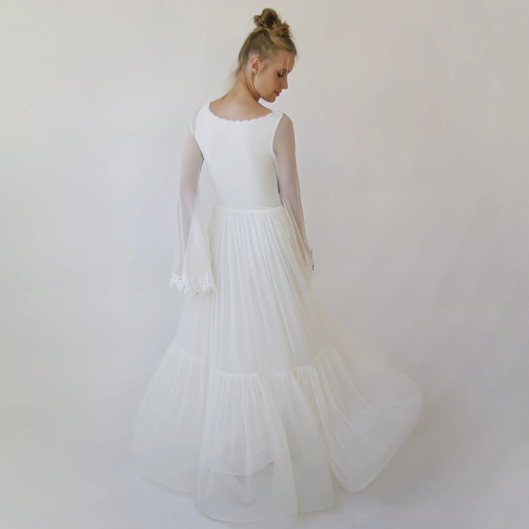Romantic Chiffon Wedding dress, Belle Sleeves Ivory Wedding Dress #1369