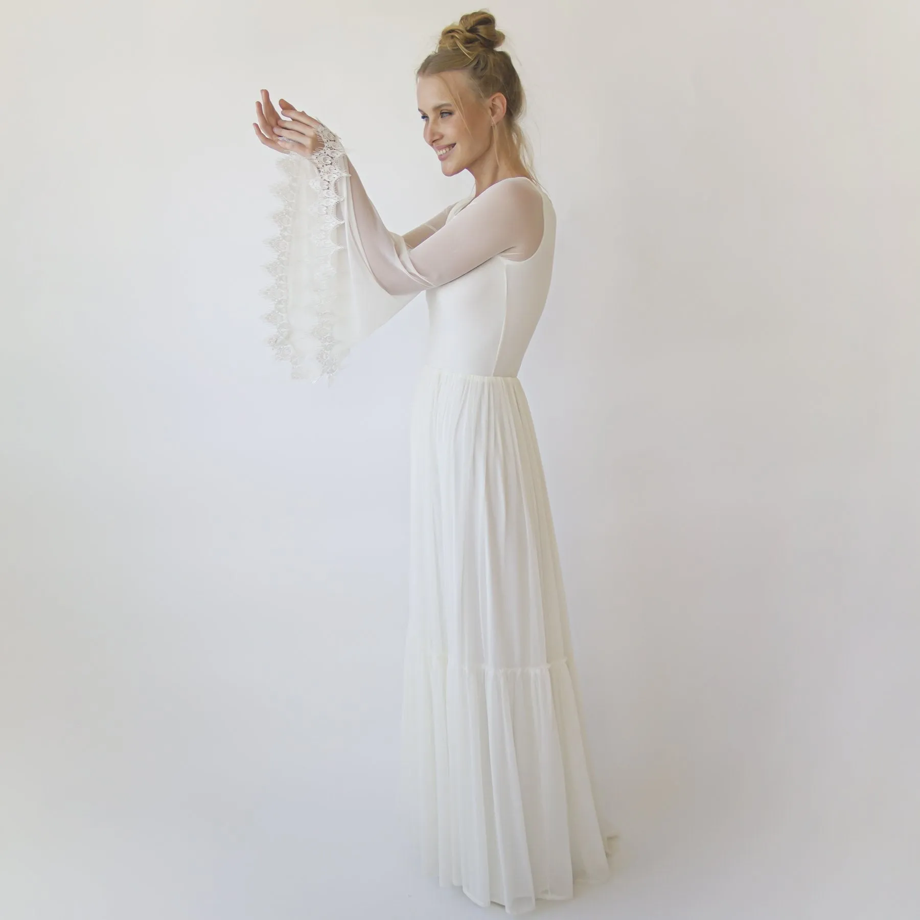 Romantic Chiffon Wedding dress, Belle Sleeves Ivory Wedding Dress #1369