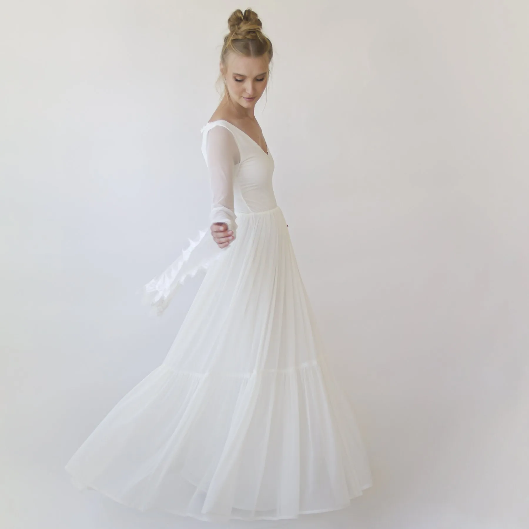 Romantic Chiffon Wedding dress, Belle Sleeves Ivory Wedding Dress #1369
