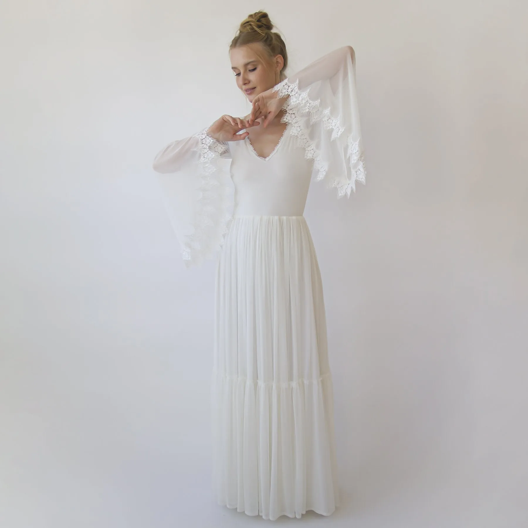 Romantic Chiffon Wedding dress, Belle Sleeves Ivory Wedding Dress #1369