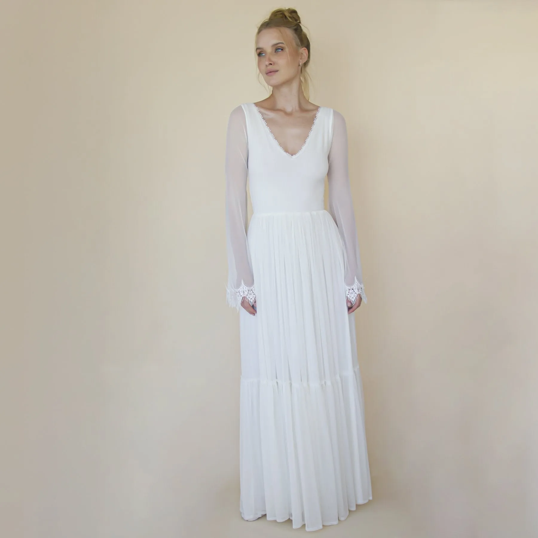 Romantic Chiffon Wedding dress, Belle Sleeves Ivory Wedding Dress #1369