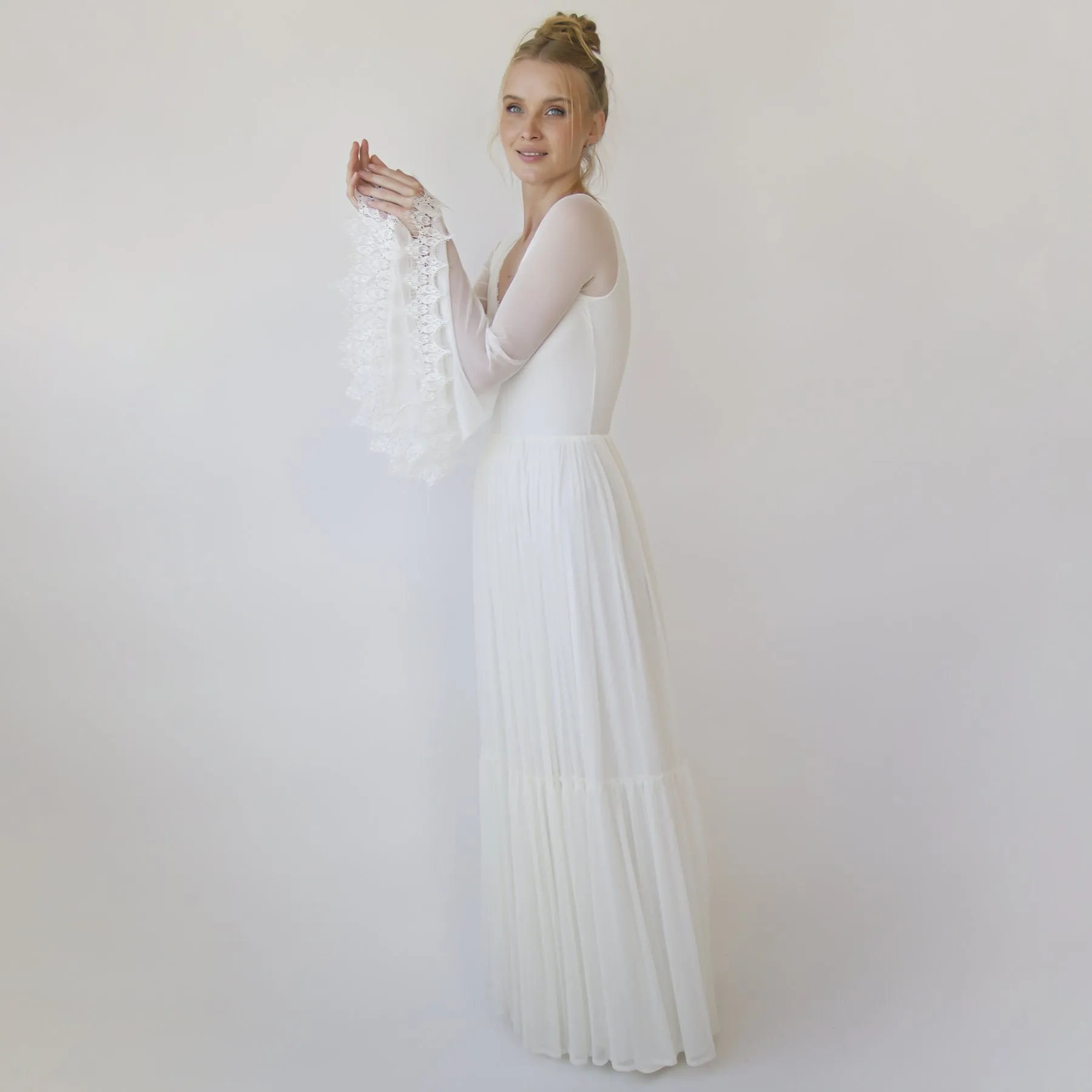 Romantic Chiffon Wedding dress, Belle Sleeves Ivory Wedding Dress #1369