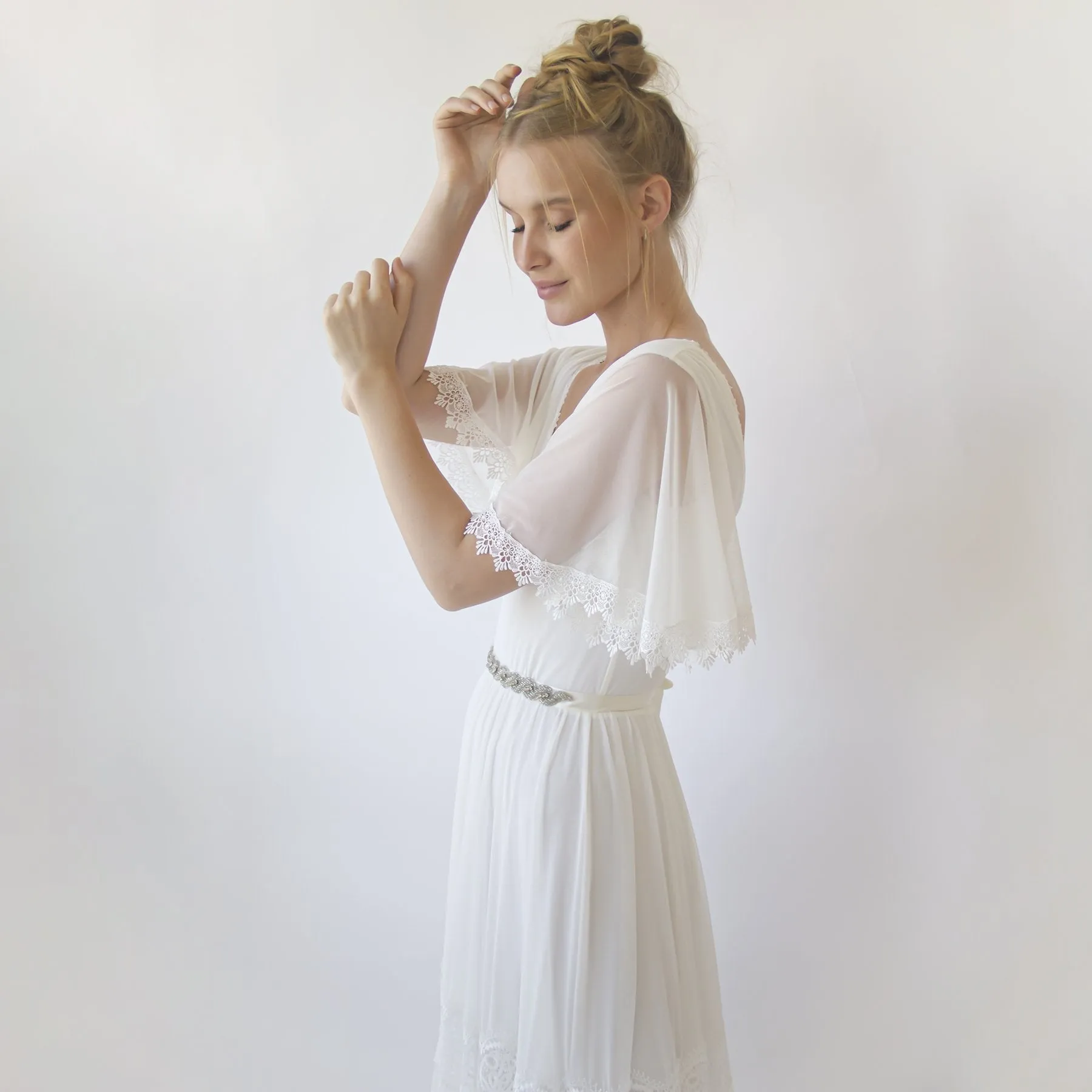 Romantic, Vintage Butterfly Chiffon Sleeves Ivory Wedding Dress #1348