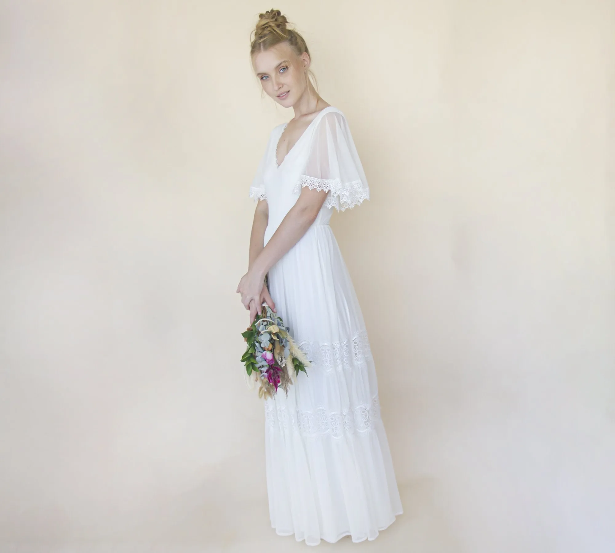 Romantic, Vintage Butterfly Chiffon Sleeves Ivory Wedding Dress #1348