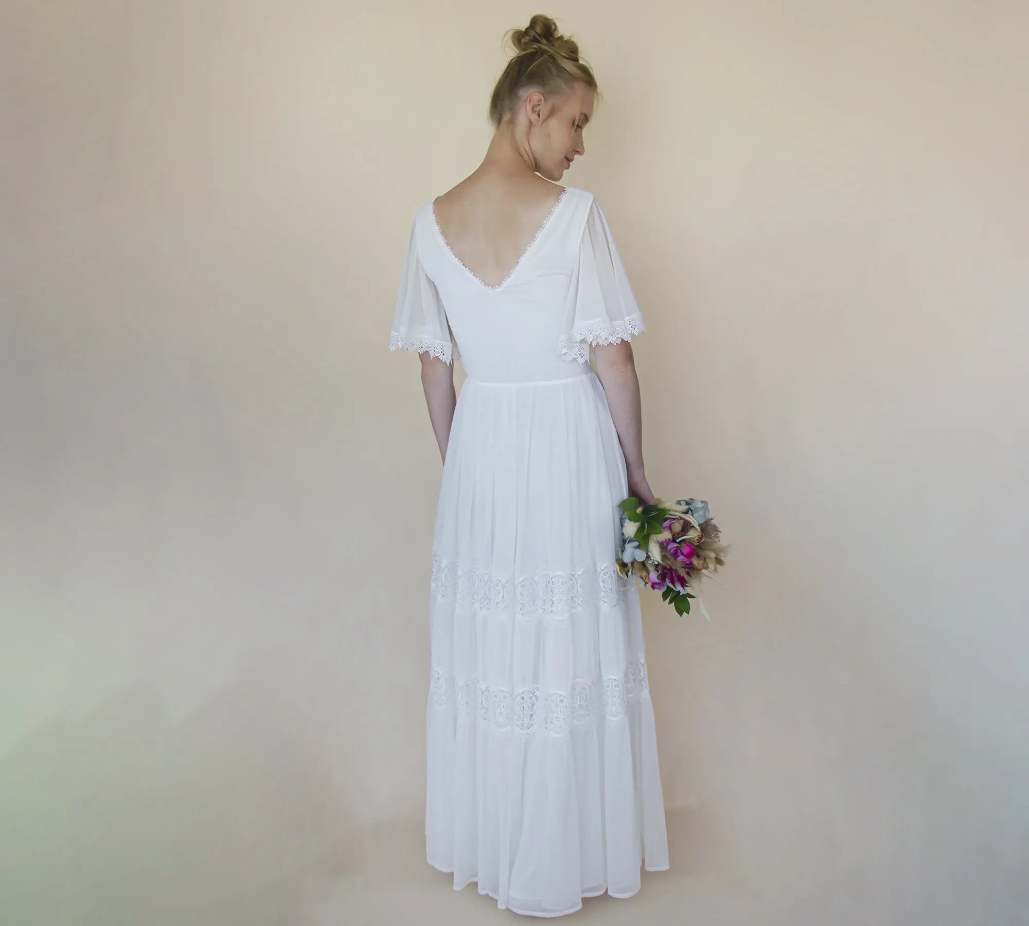 Romantic, Vintage Butterfly Chiffon Sleeves Ivory Wedding Dress #1348