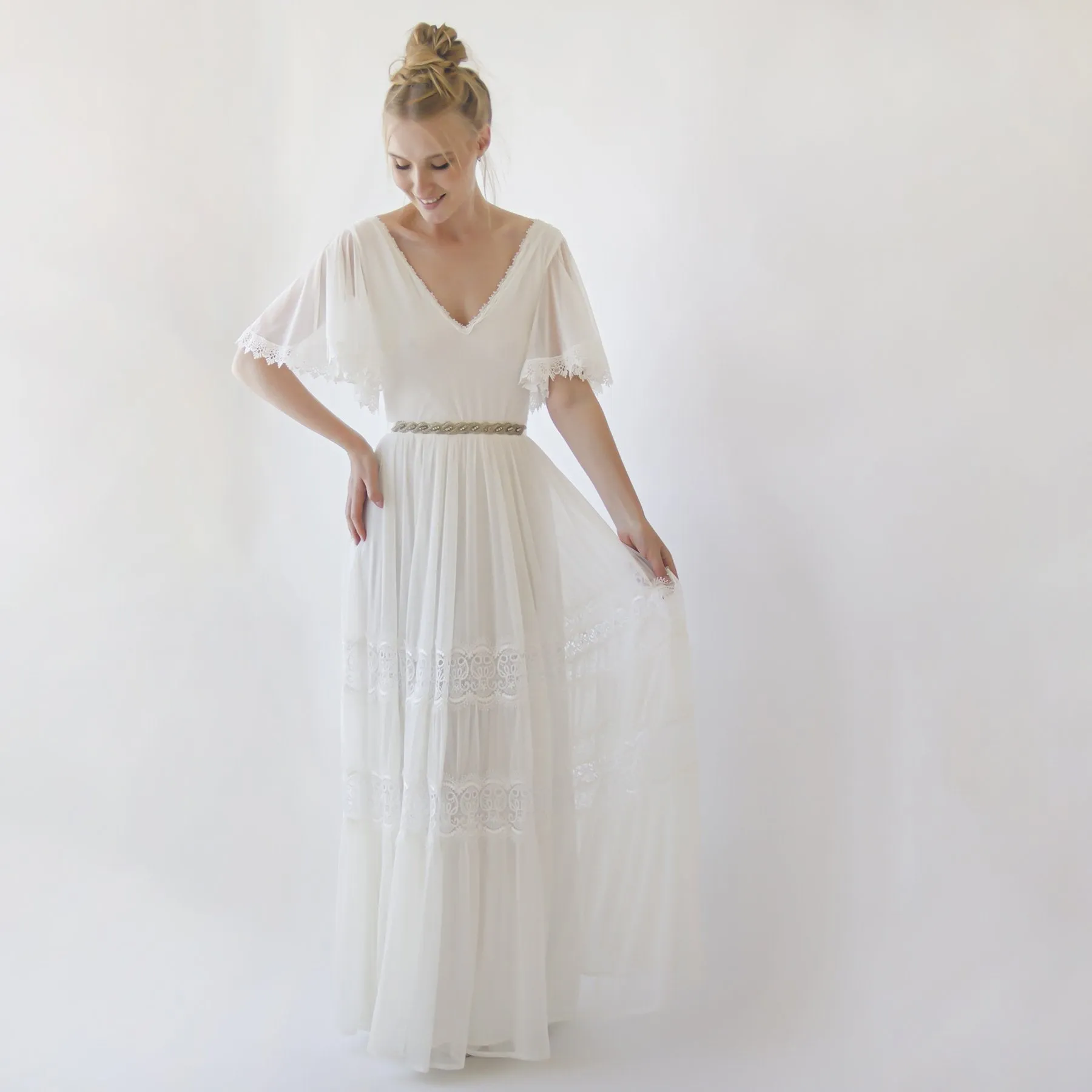 Romantic, Vintage Butterfly Chiffon Sleeves Ivory Wedding Dress #1348
