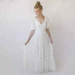 Romantic, Vintage Butterfly Chiffon Sleeves Ivory Wedding Dress #1348