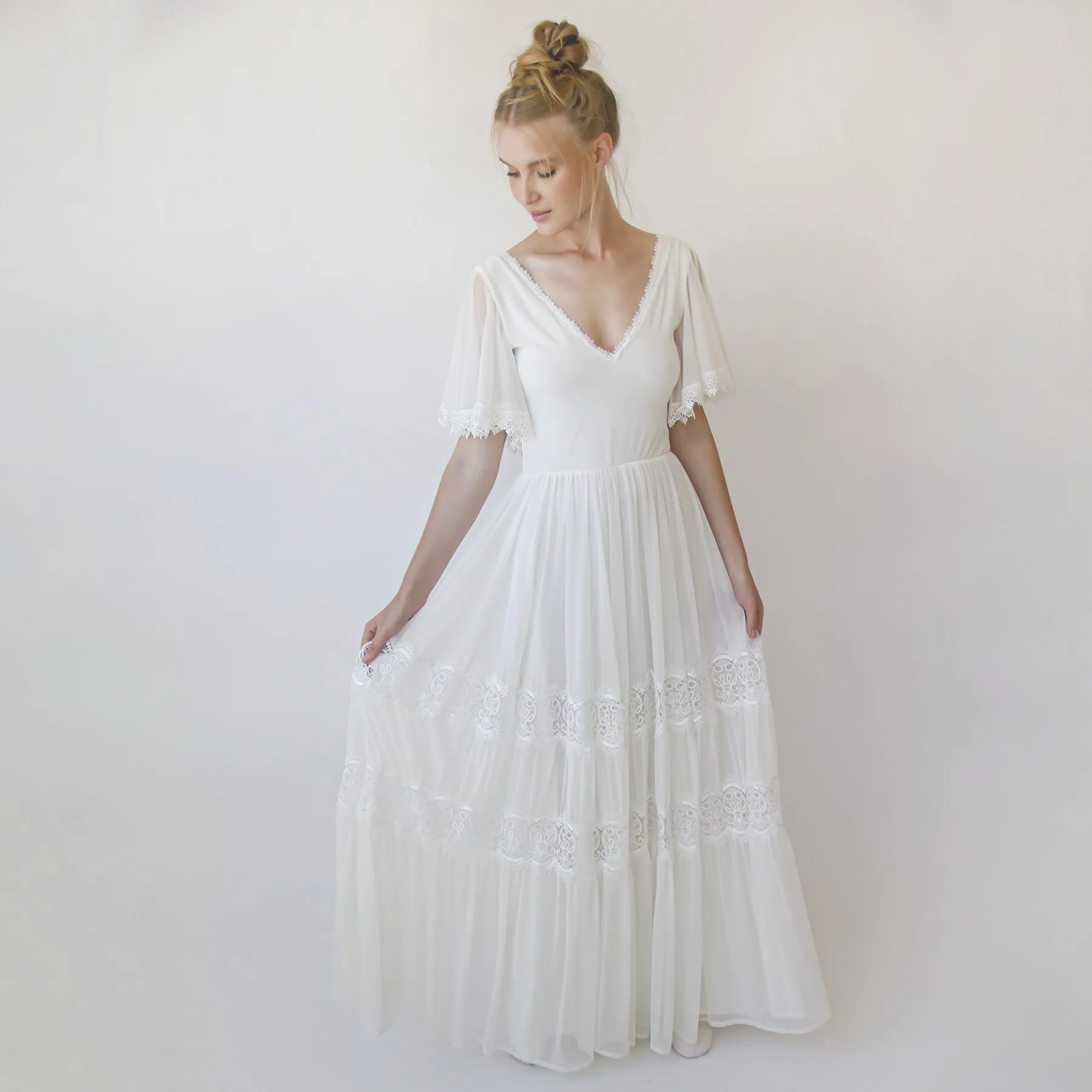 Romantic, Vintage Butterfly Chiffon Sleeves Ivory Wedding Dress #1348