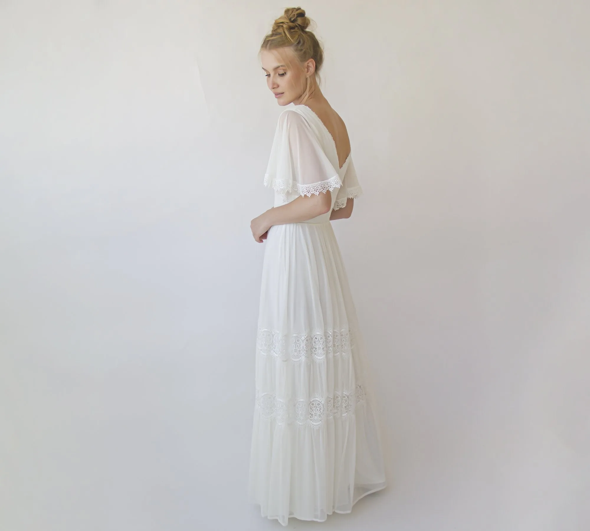 Romantic, Vintage Butterfly Chiffon Sleeves Ivory Wedding Dress #1348